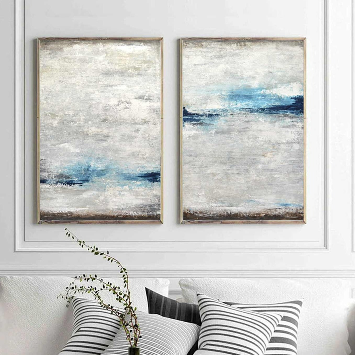 set of 2 Two Piece Gray White Blue Painting Modern Office Design Framed Abstracts