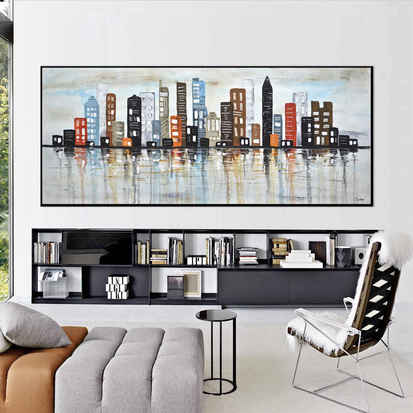 skyline art on wall living room