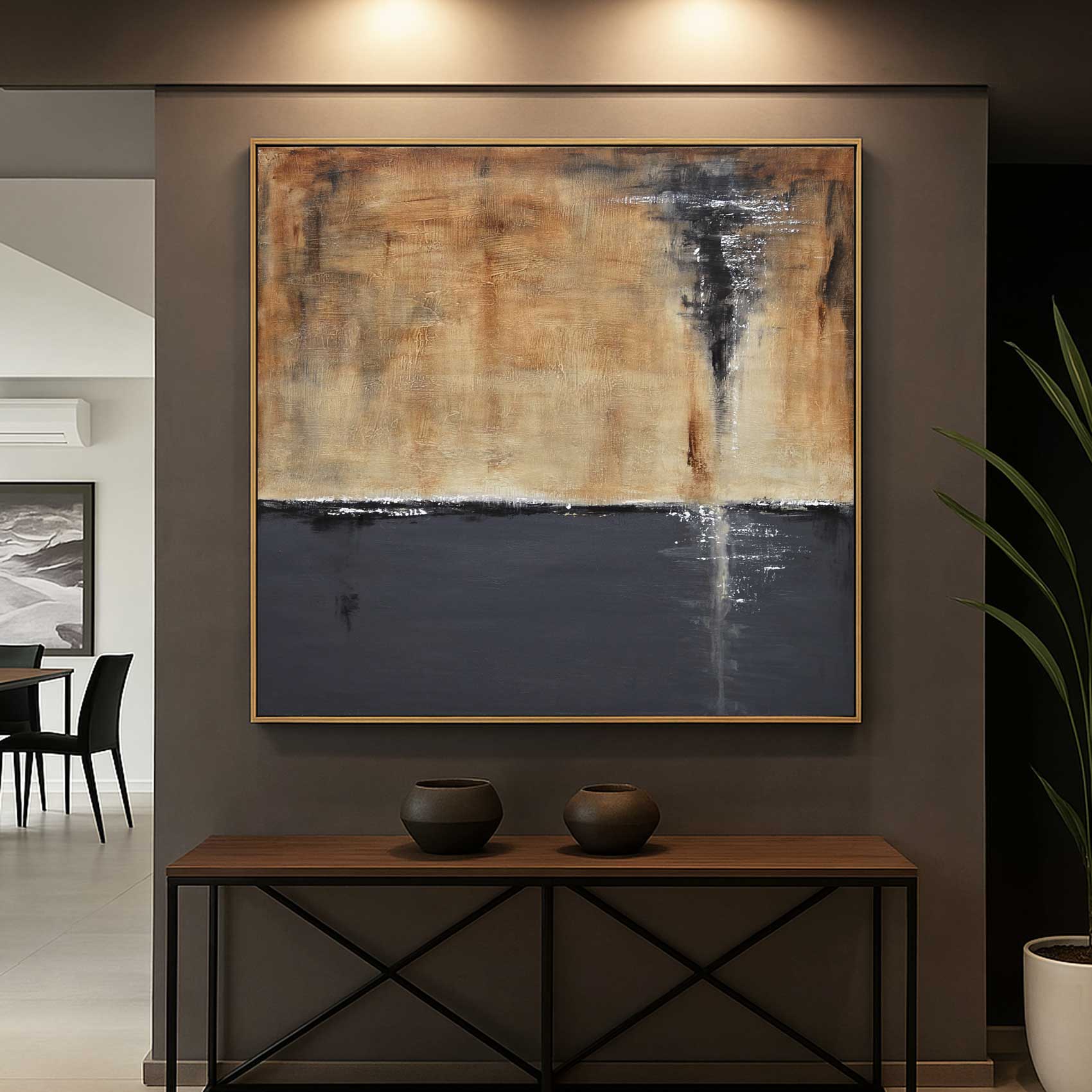 Abstract painting on a wall above a wooden console table with decorative vases.
