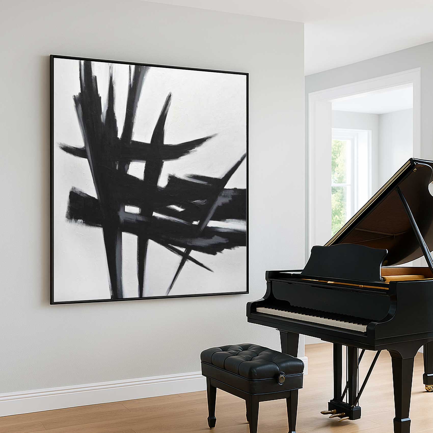 Large Original Black White Abstract Wall Art Expressionist Painting piano room
