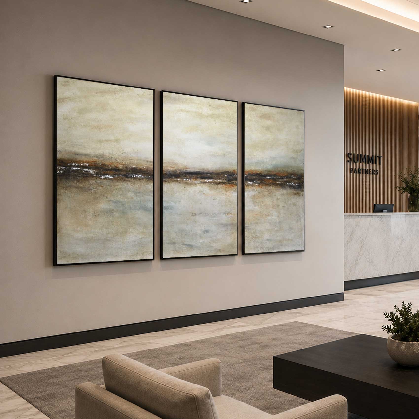 art for office lobby Three Piece Abstract Art Earth Tones Multi Panel