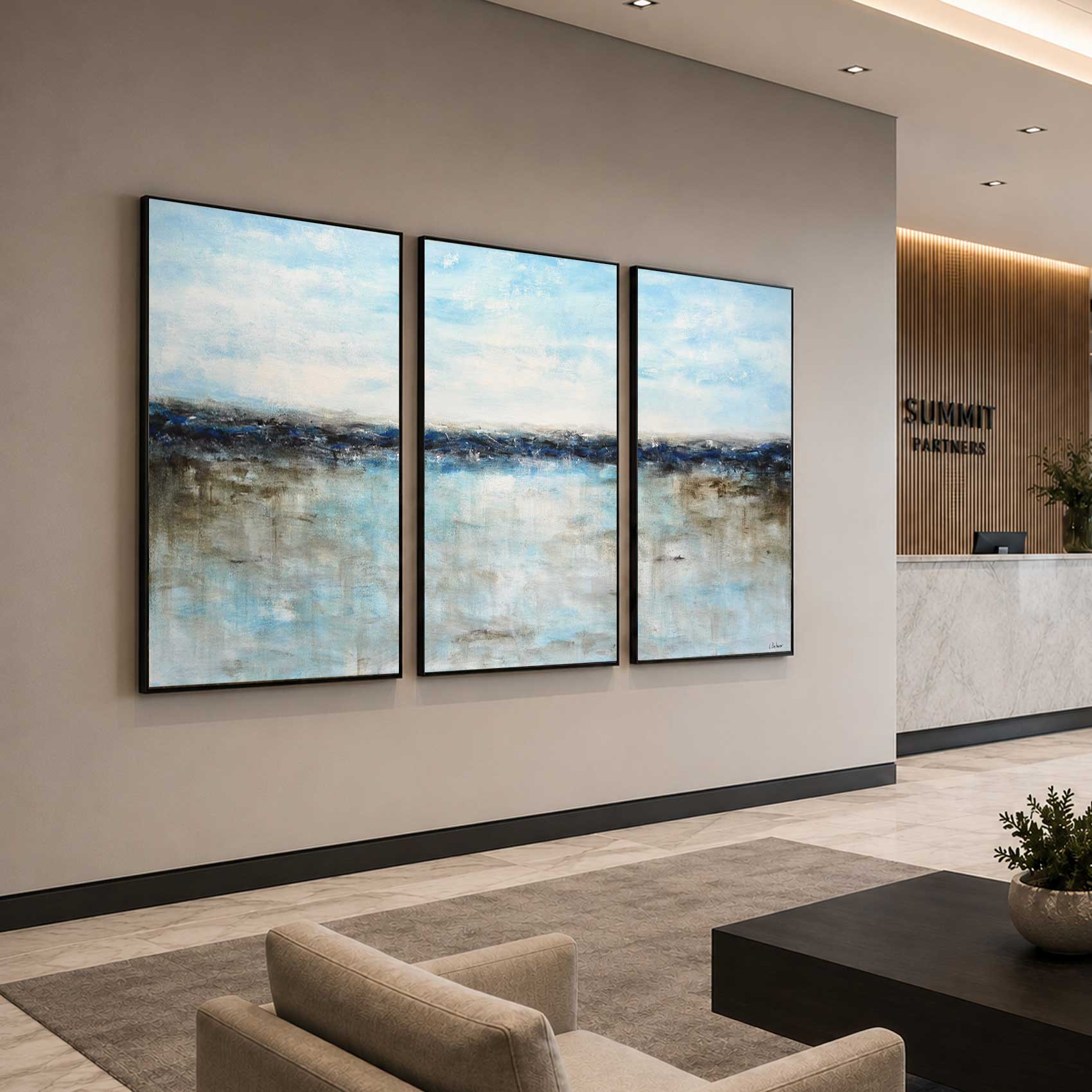 office lobby art Blue Seascape Paintings Set Of 3 Oversized Modern Art On Canvas