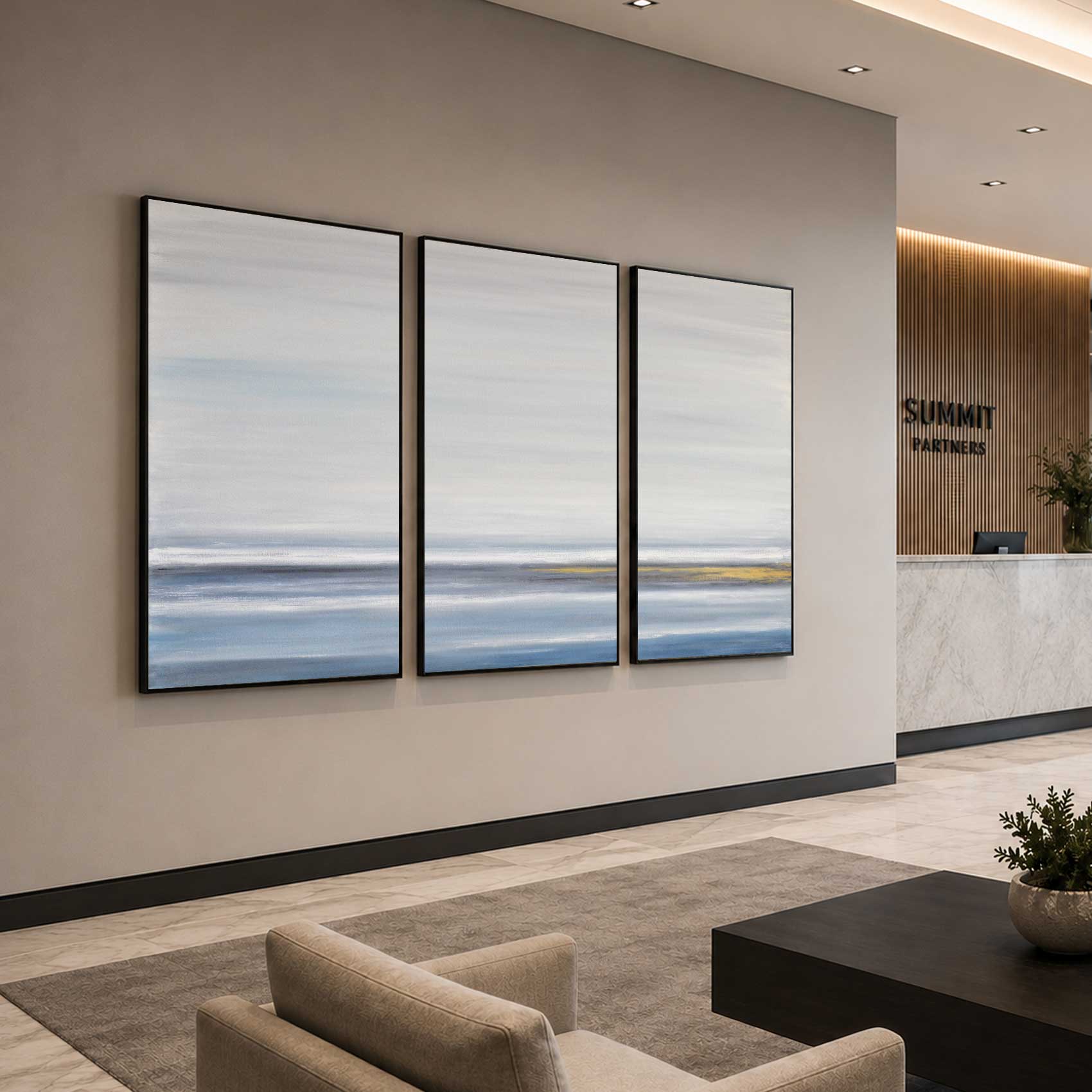 Blue gold seascape Minimal Triptych Framed Landscape Wall Art Office Space