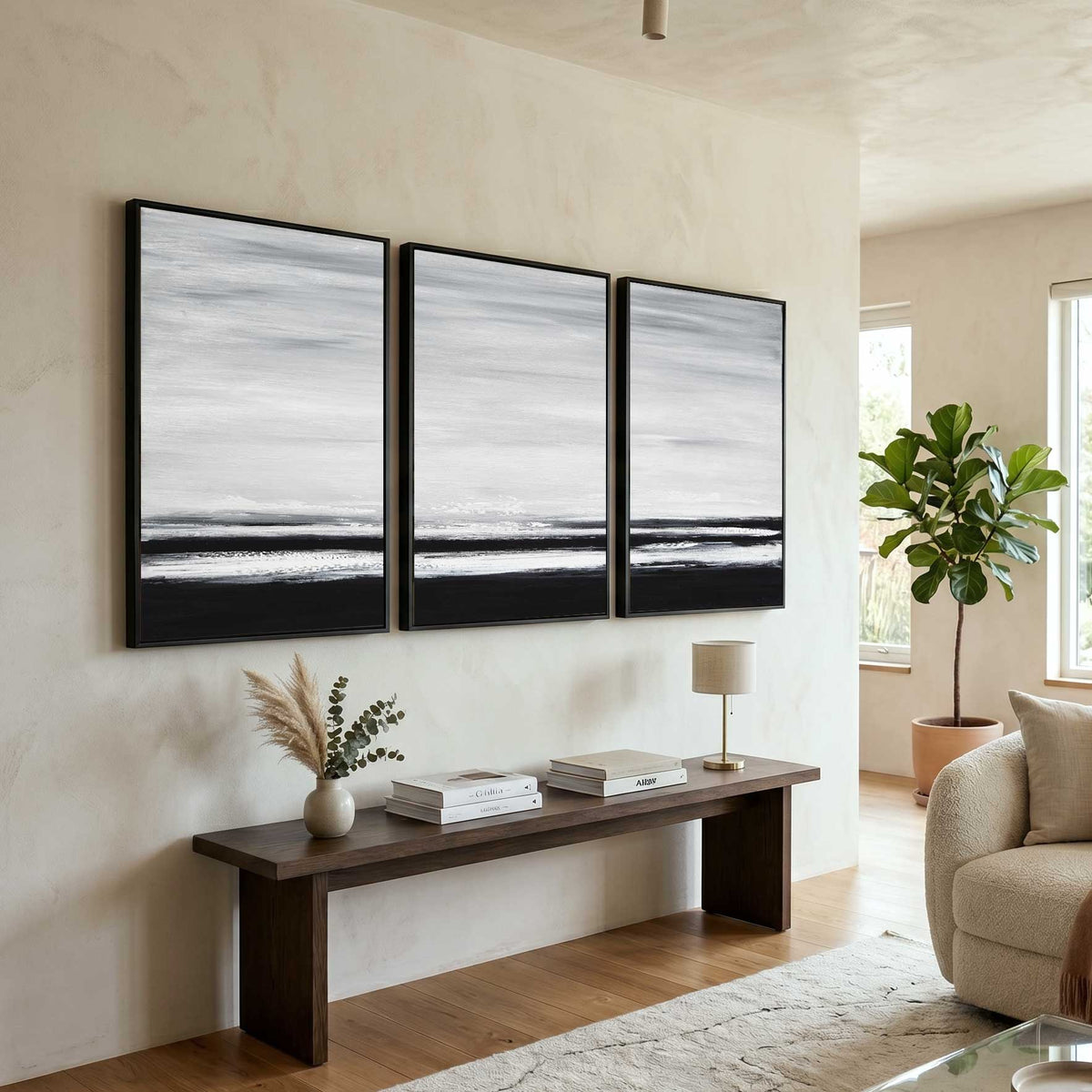 3 Piece Large Framed Artwork Monochrome Black White Interior Design living room