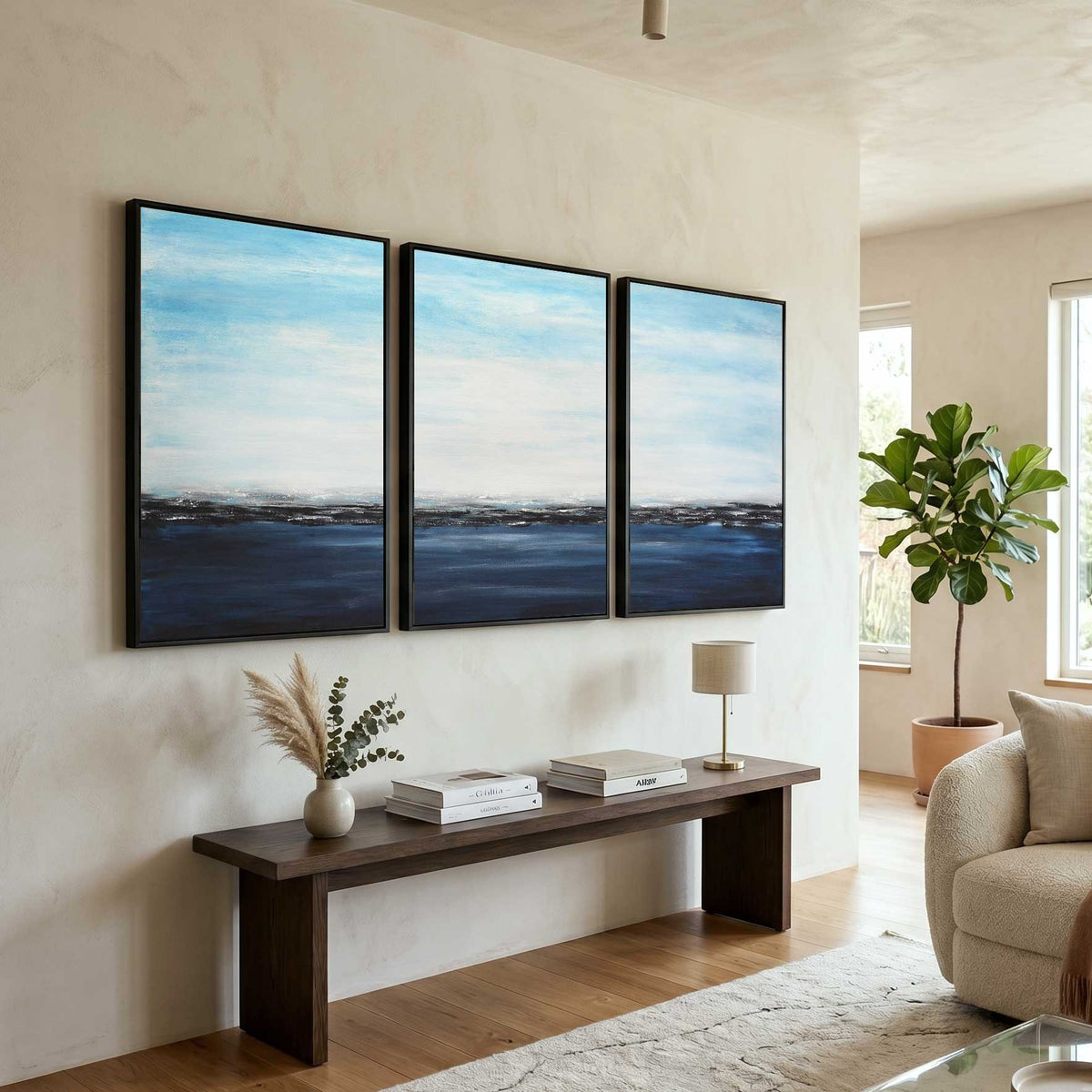 handmade ocean water Paintings On Canvas deep Blue Moody 3 Panel Art For Large Walls