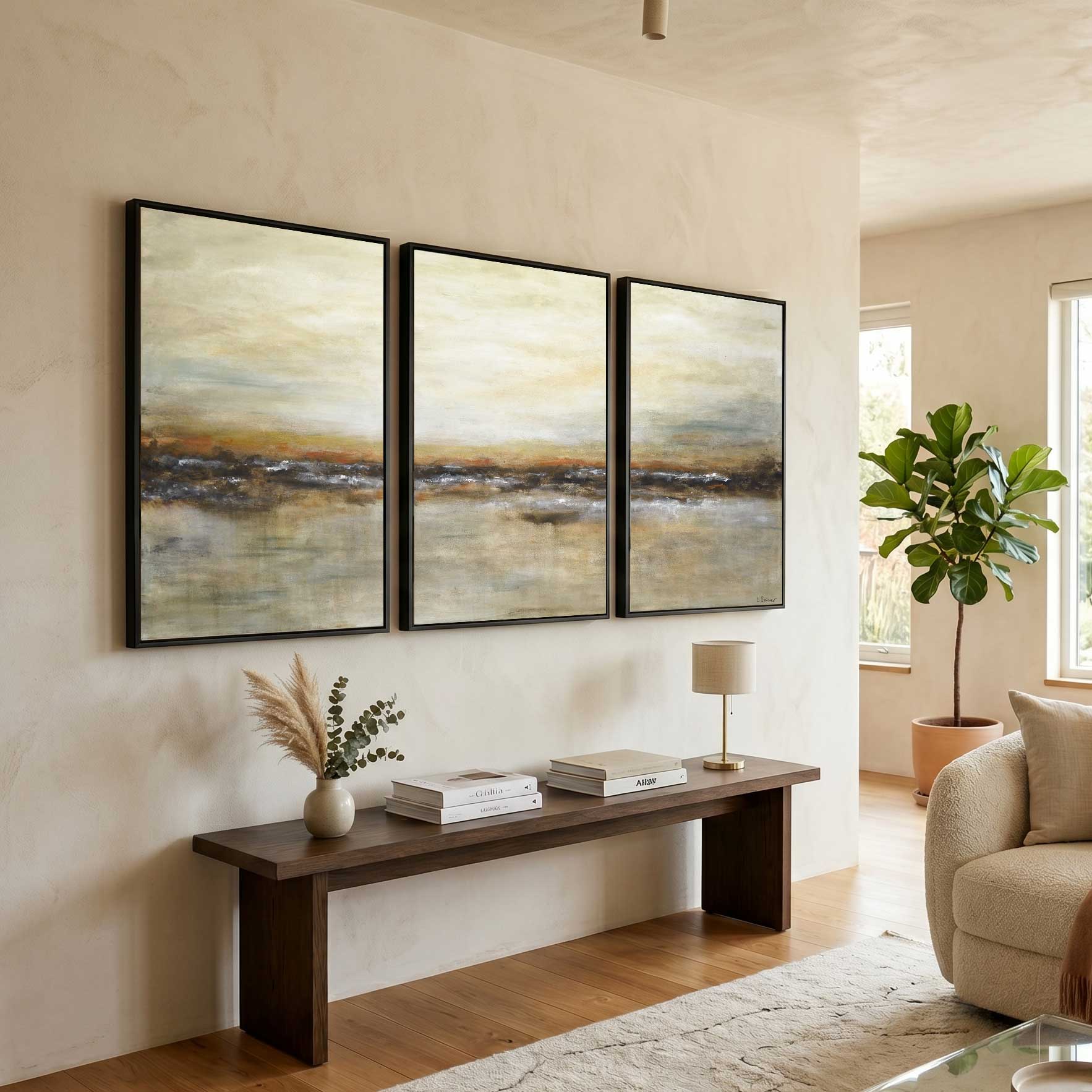 3 Panel Brown Contemporary Paintings Triptych Large Scale Artwork living room