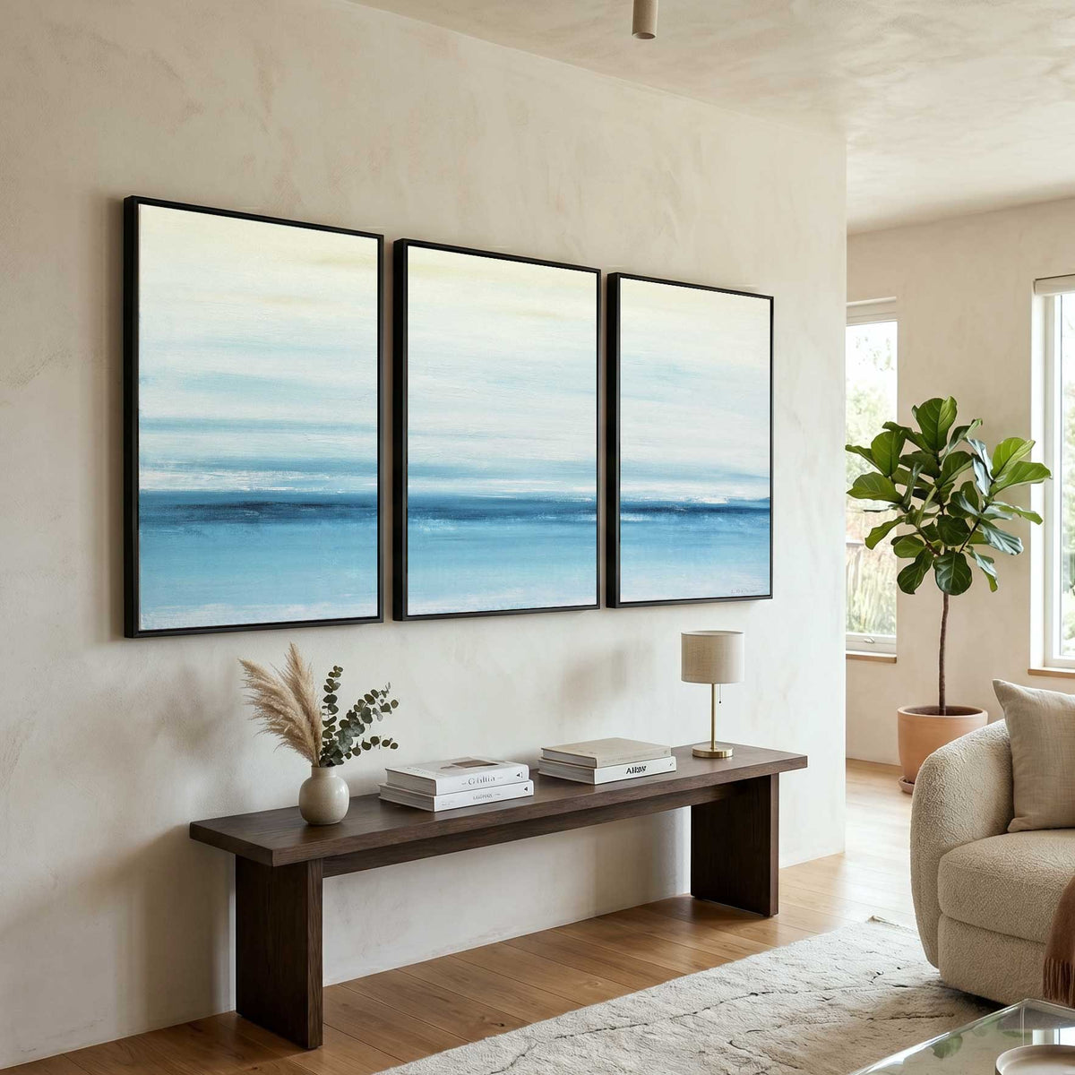 Light Blue Minimal Landscape Triptych Framed Artwork Modern Art for living room