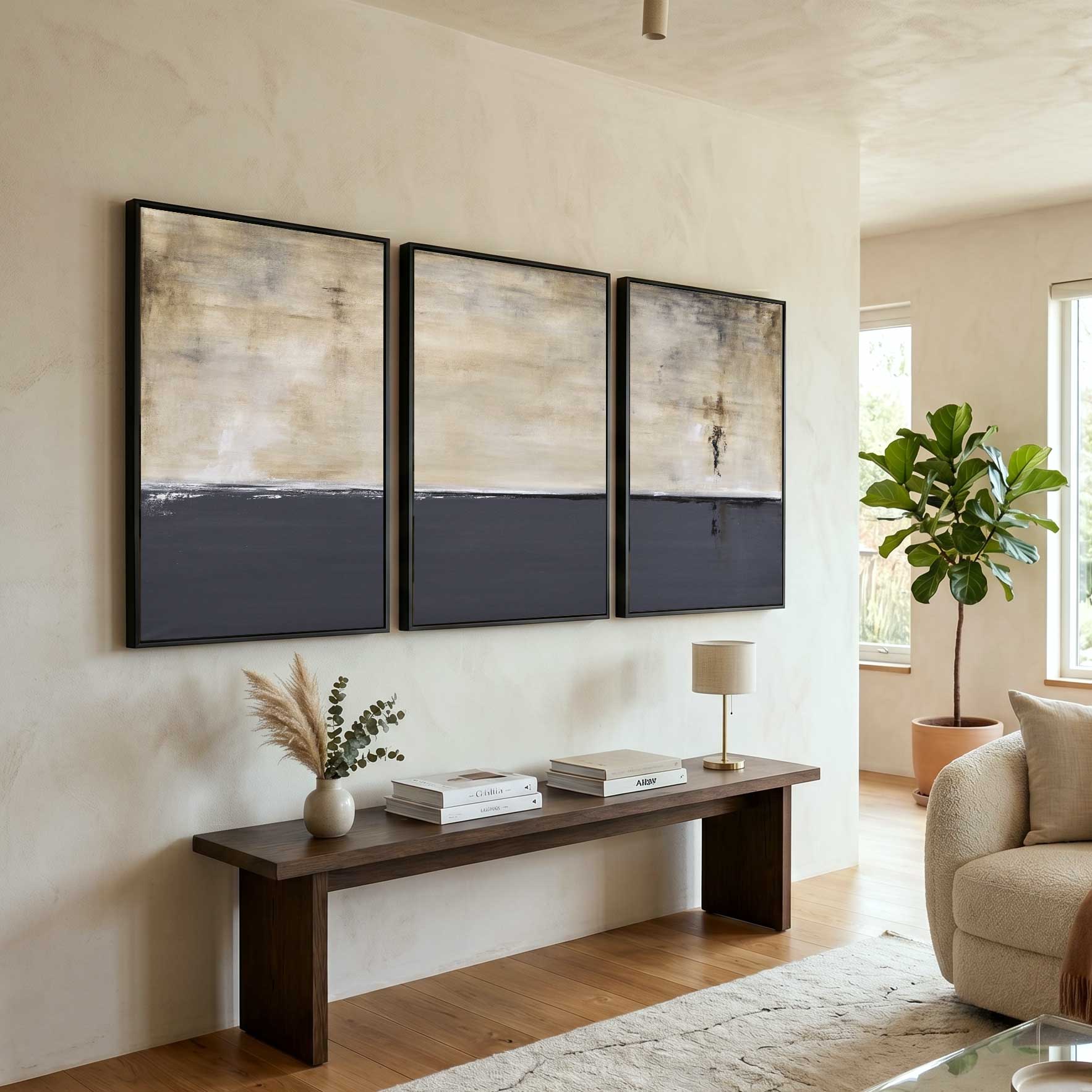 Set of Three Paintings For Office Framed Triptych 3 panel