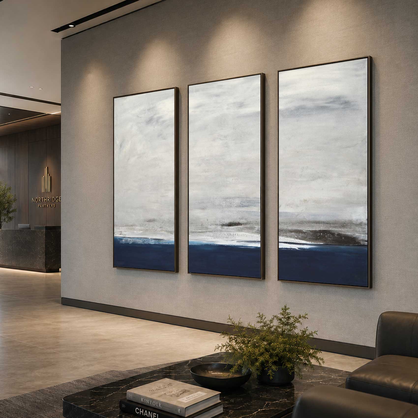 3 panel Modern Paintings For Office Lobby Blue Gray Brown Wall Art