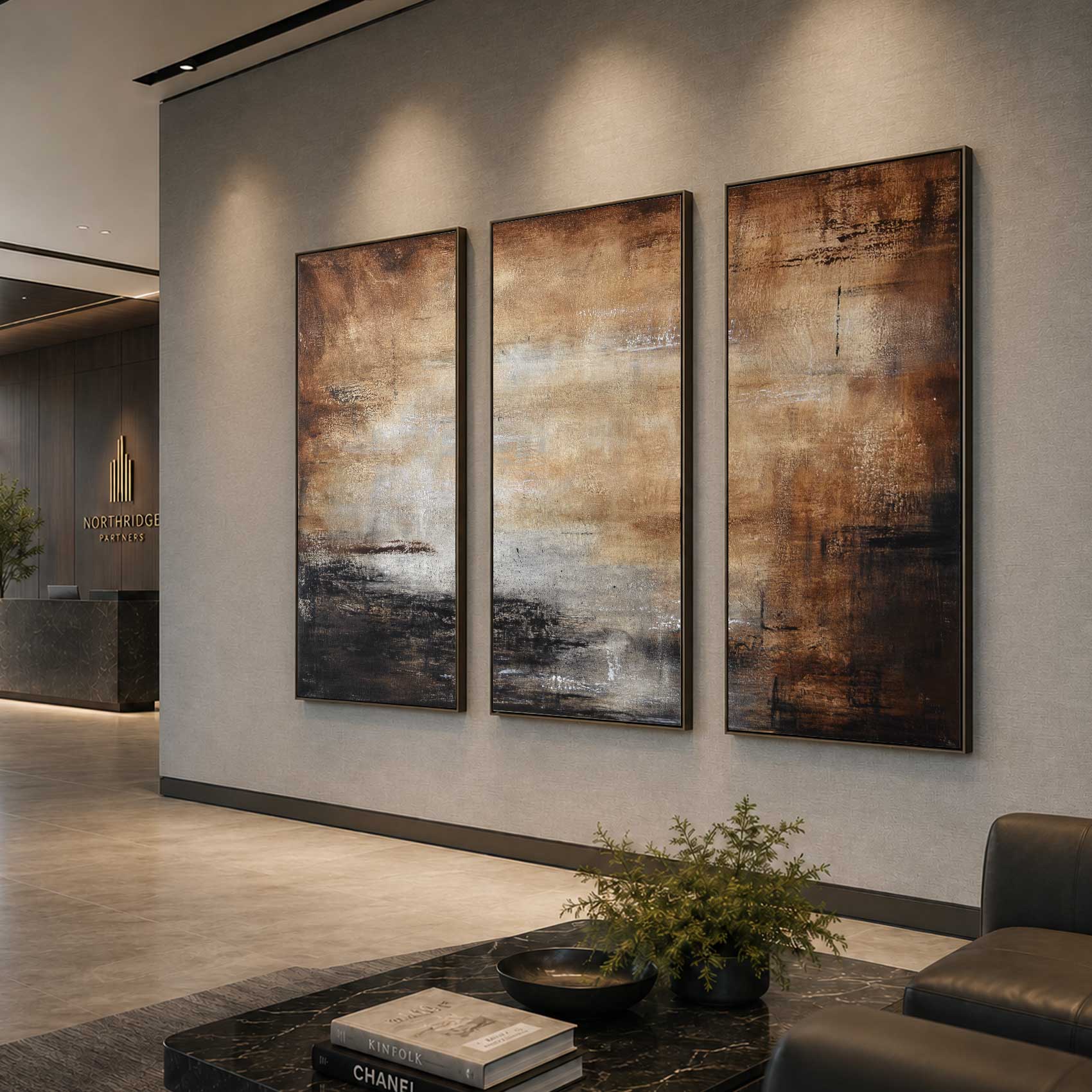 large Brown Triptych Paintings Office Art For Reception Conference Room