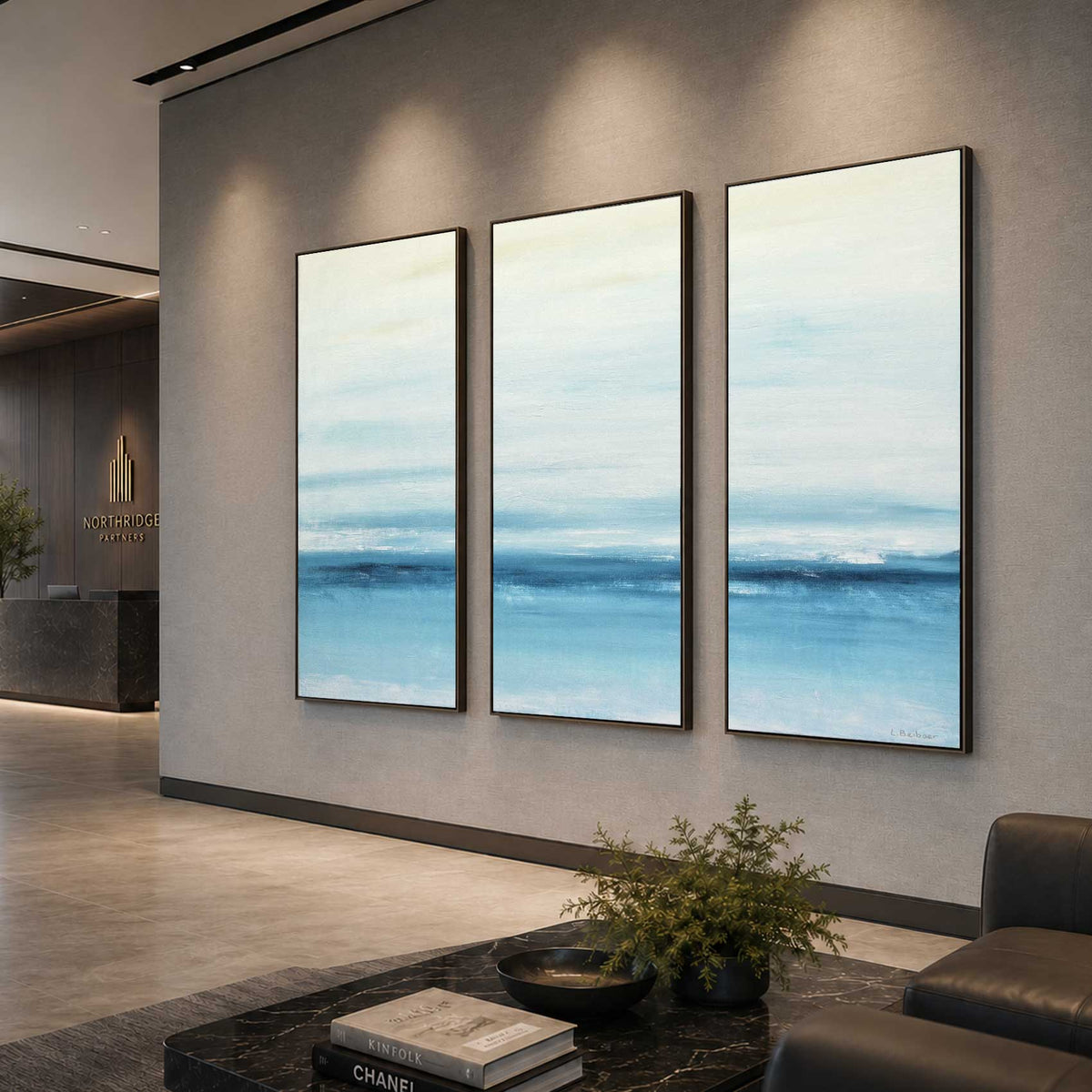 Light Blue Minimal Landscape Triptych Framed Artwork Modern Art
