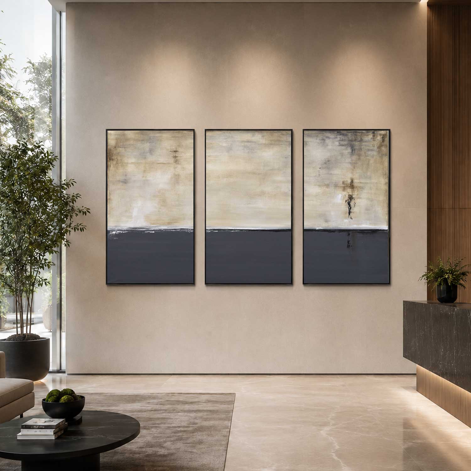 Set of Three Paintings For Office wall Framed Triptych Art Gray Beige