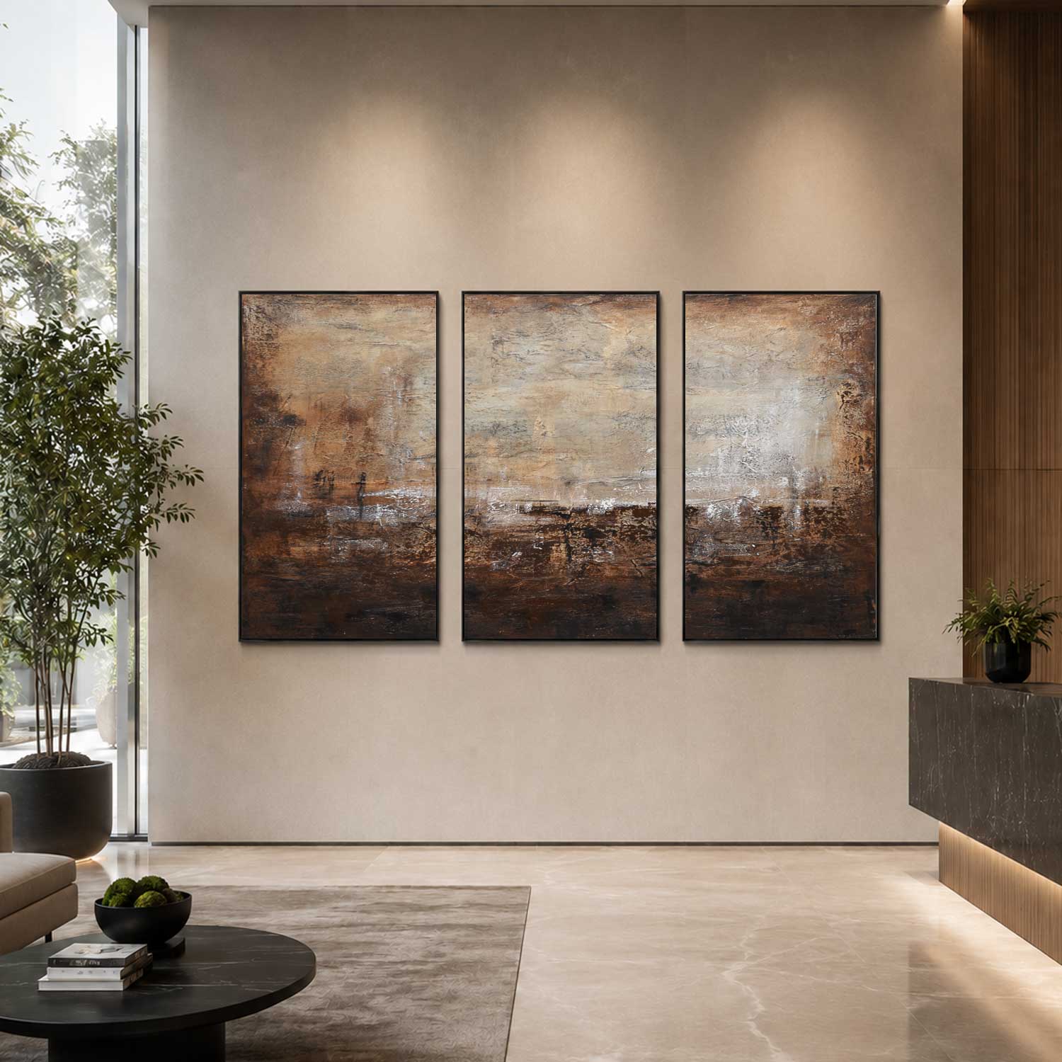 office art Brown Triptych Abstract Wall Art 3 Piece Framed Wabi Sabi