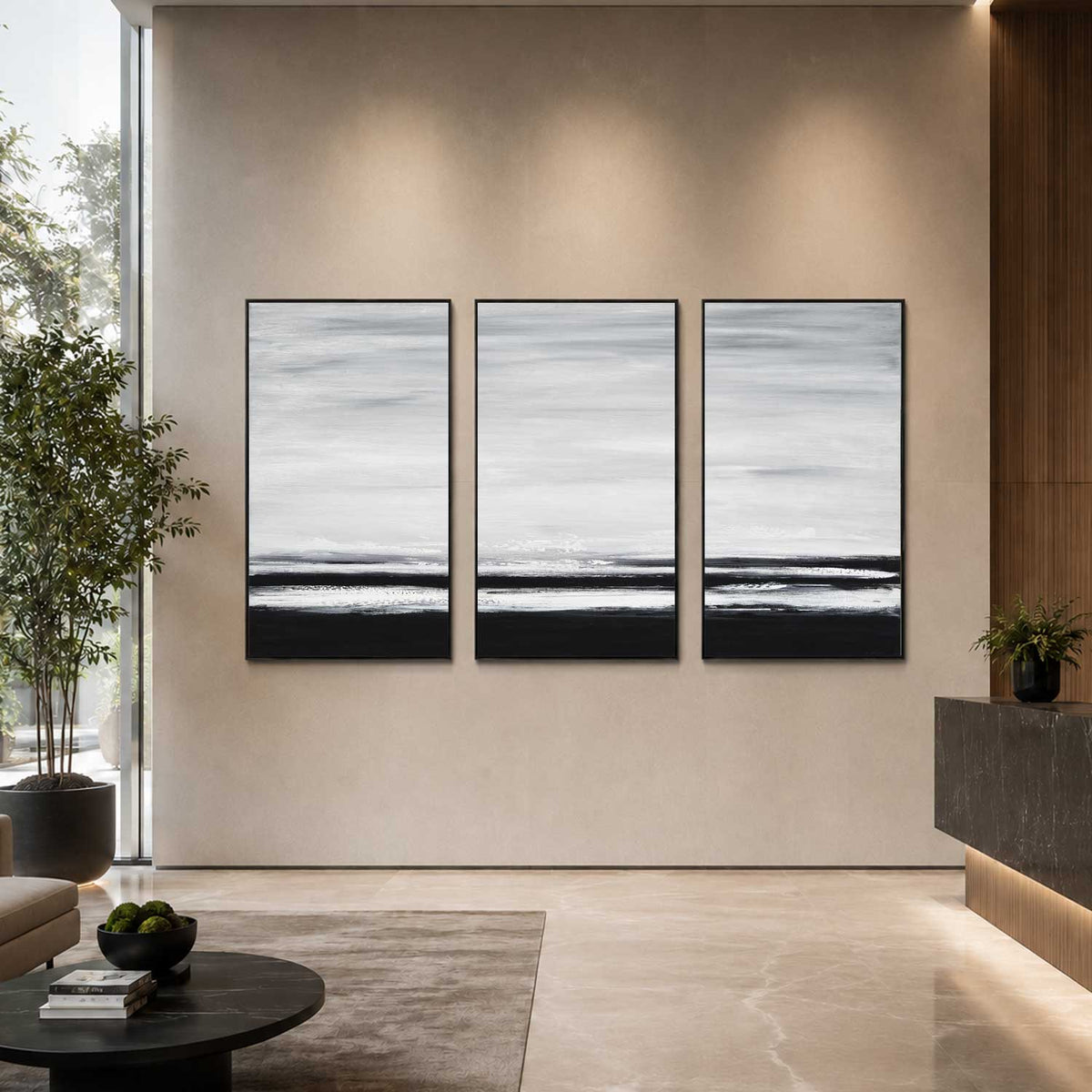 3 Piece Large Framed Artwork Monochrome Black White Interior Design