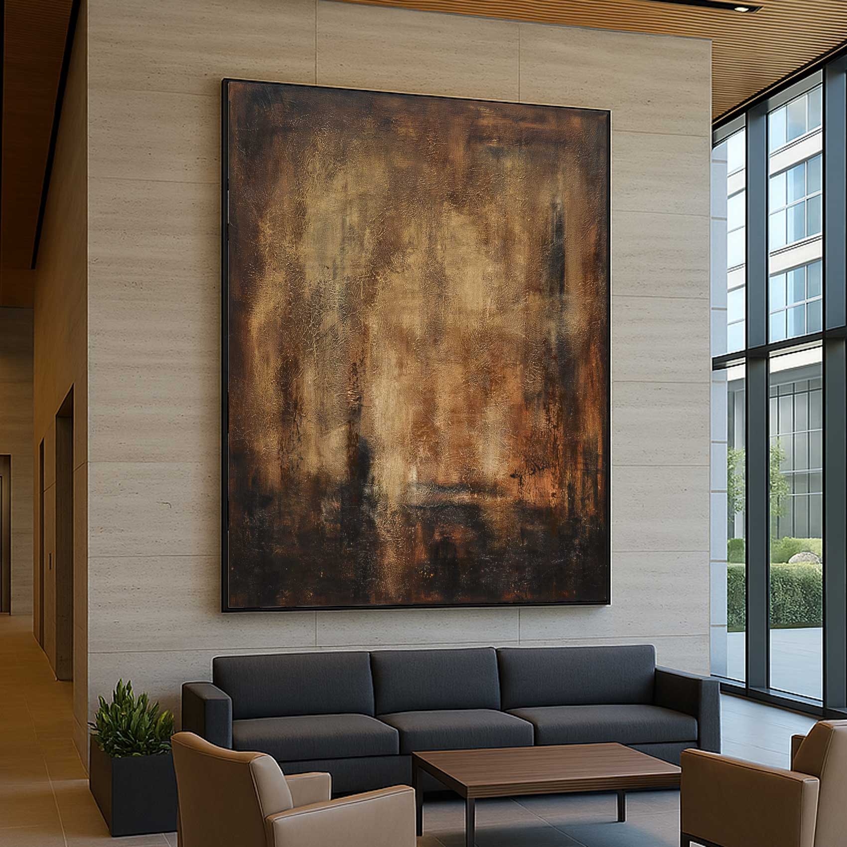 Earth Tones Oil Painting Textured Tranquil Umber Wall Art in office
