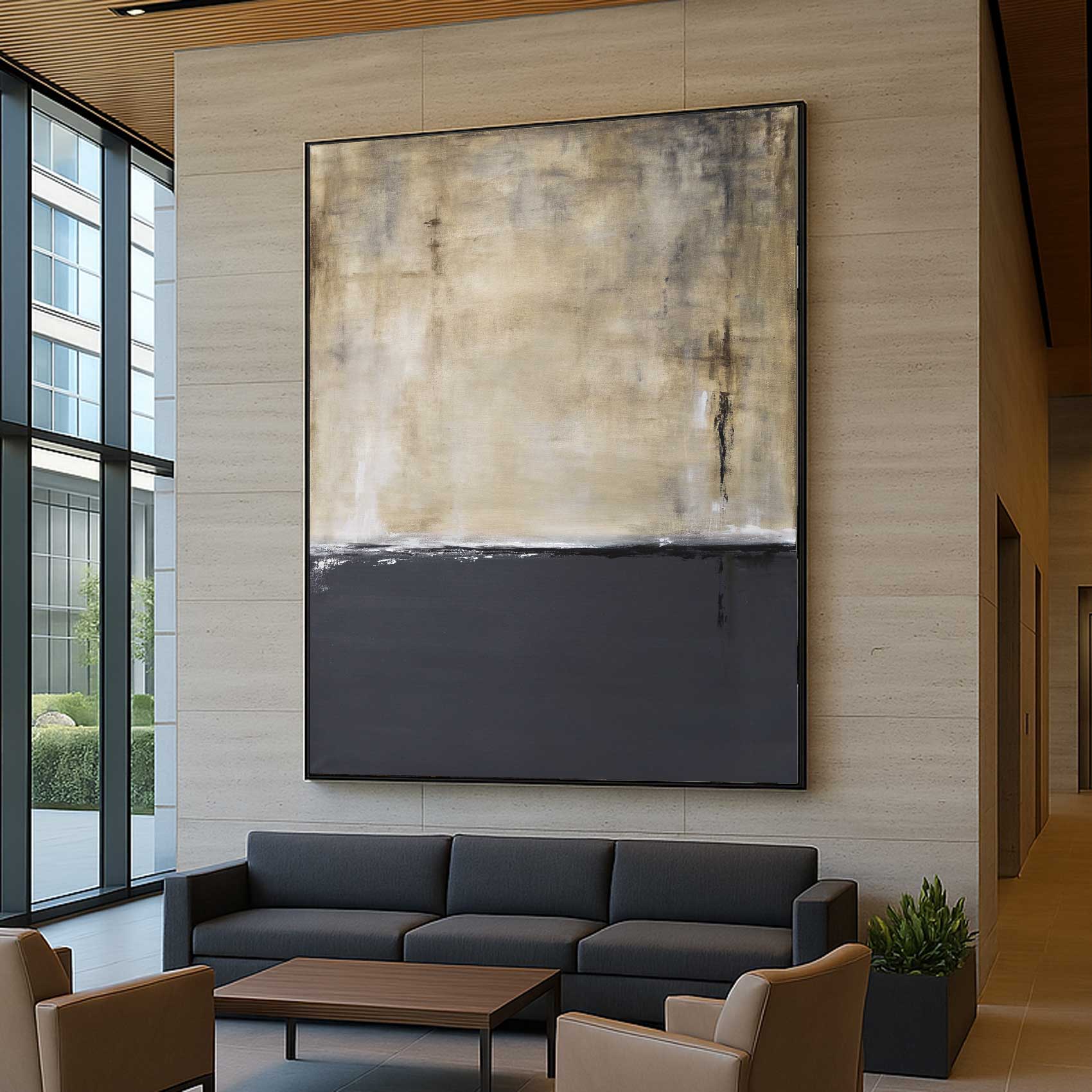 Modern living room with a large abstract painting on the wall.