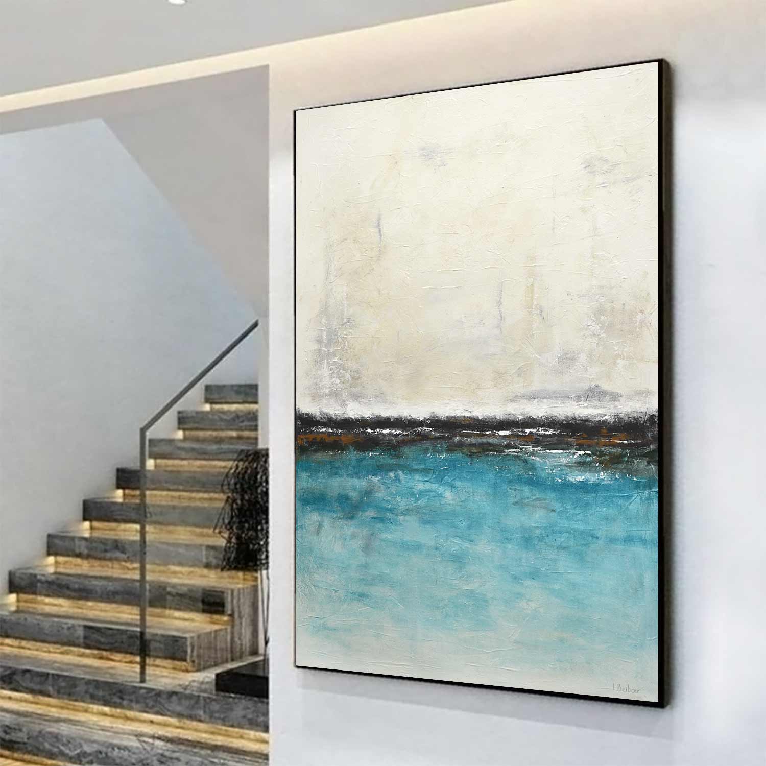 vertical Abstract Coastal Scene Modern Painting On Canvas Blue Beige Textures