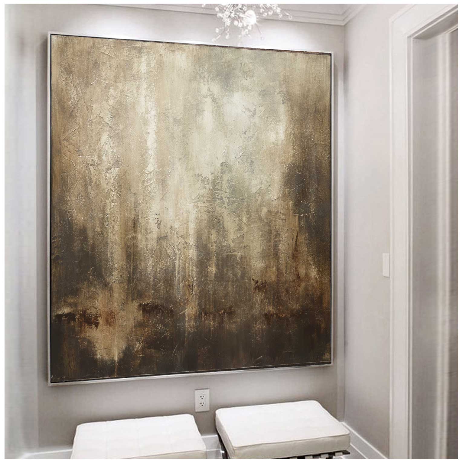 Large Brown Painting Square Textured Wabi Sabi Abstract Framed Art