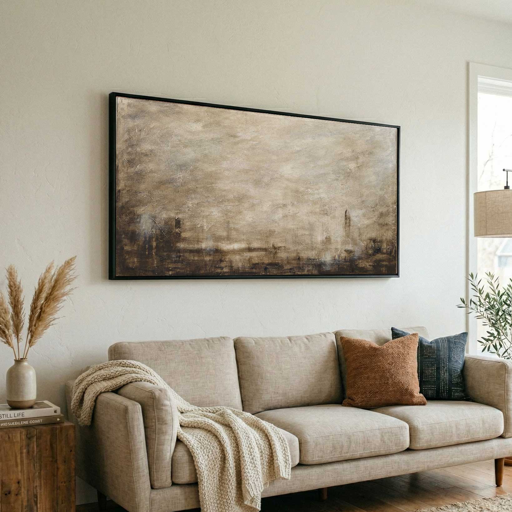 Long Wide Brown Painting Above couch Calming Wall Art Decor