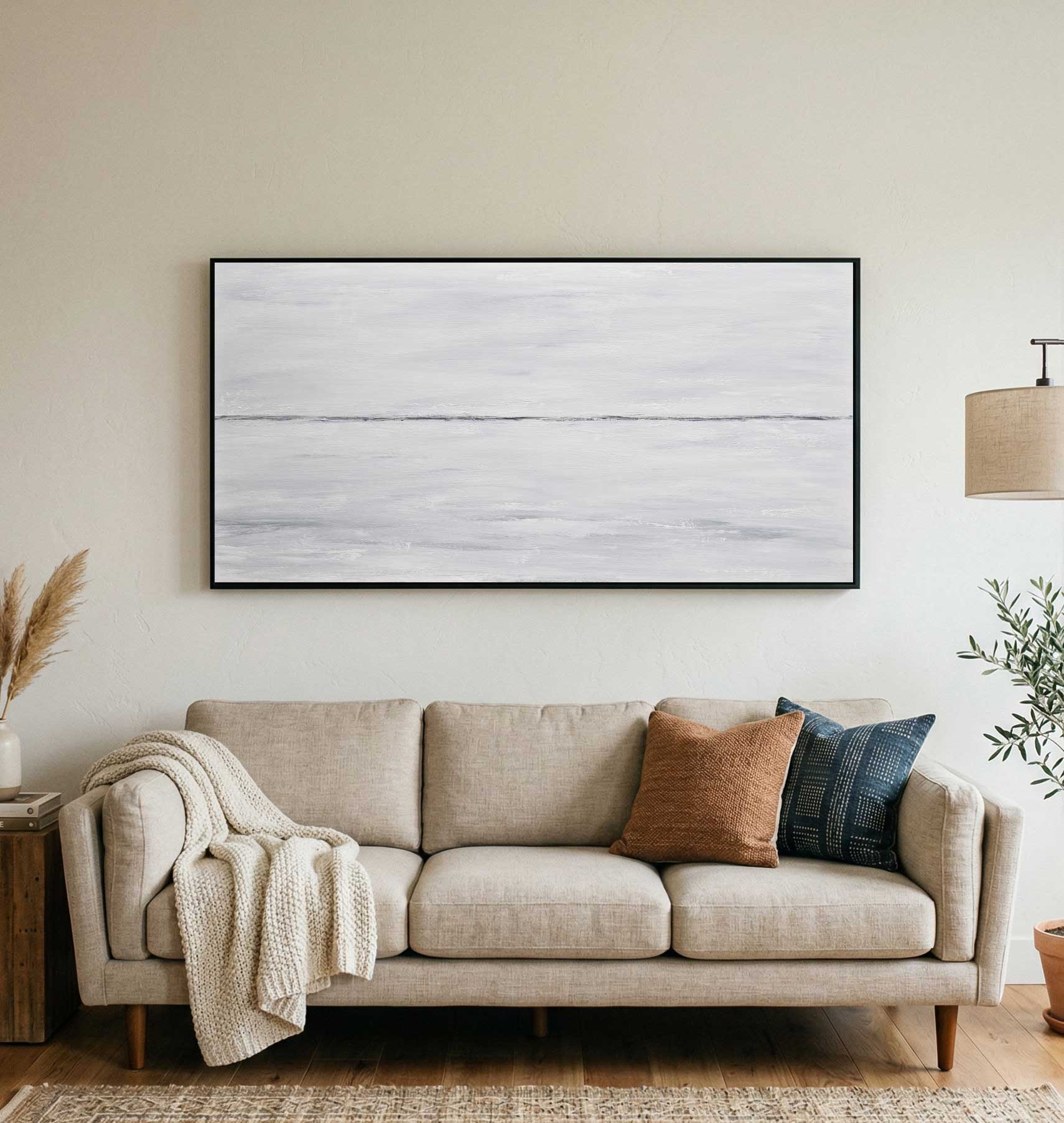 Light Minimal Panoramic Original Painting White Gray Framed Art above couch