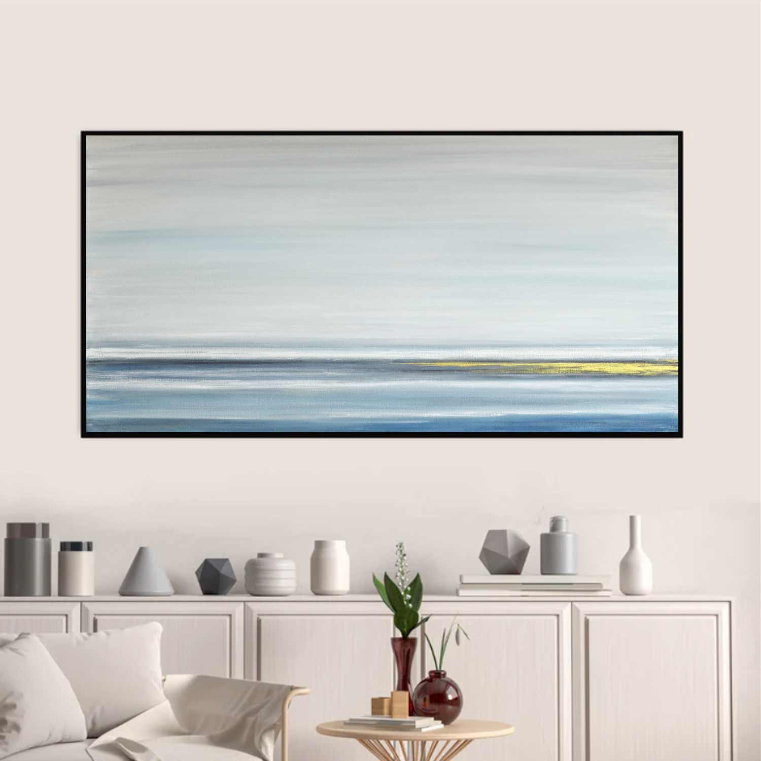 Large Blue Gold Painting Above Sofa Framed Art Long Minimal