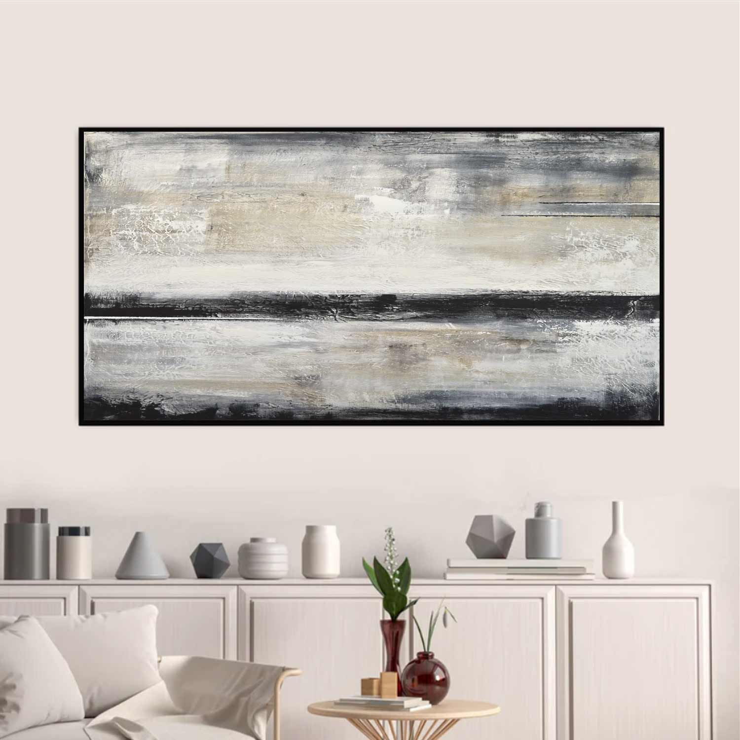 Panorama Framed Abstract Beige Gray Art Line Horizon