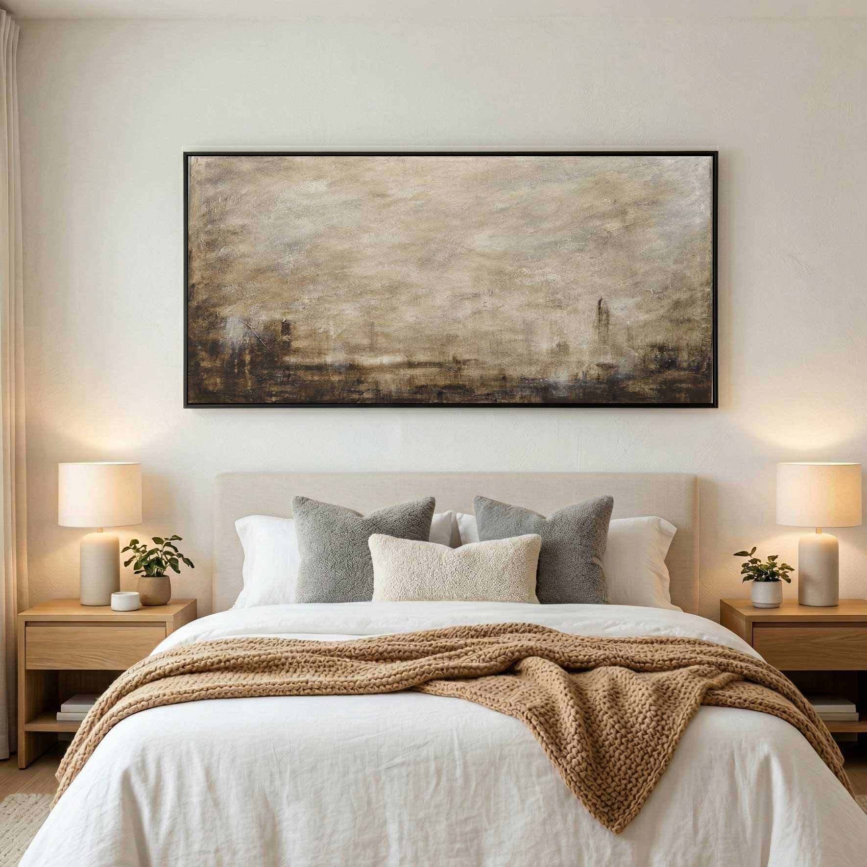 Long Wide Brown Painting Above Bed Calming Wall Art Decor