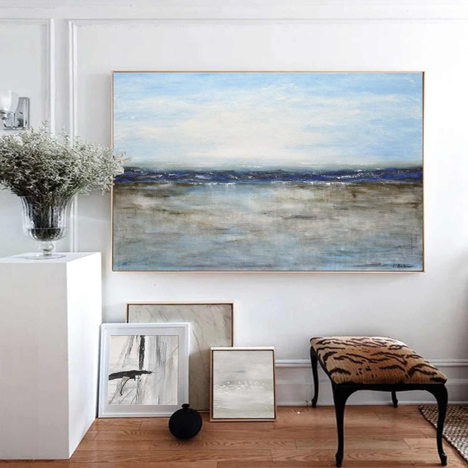 original Blue Brown Landscape Seascape Painting On Canvas
