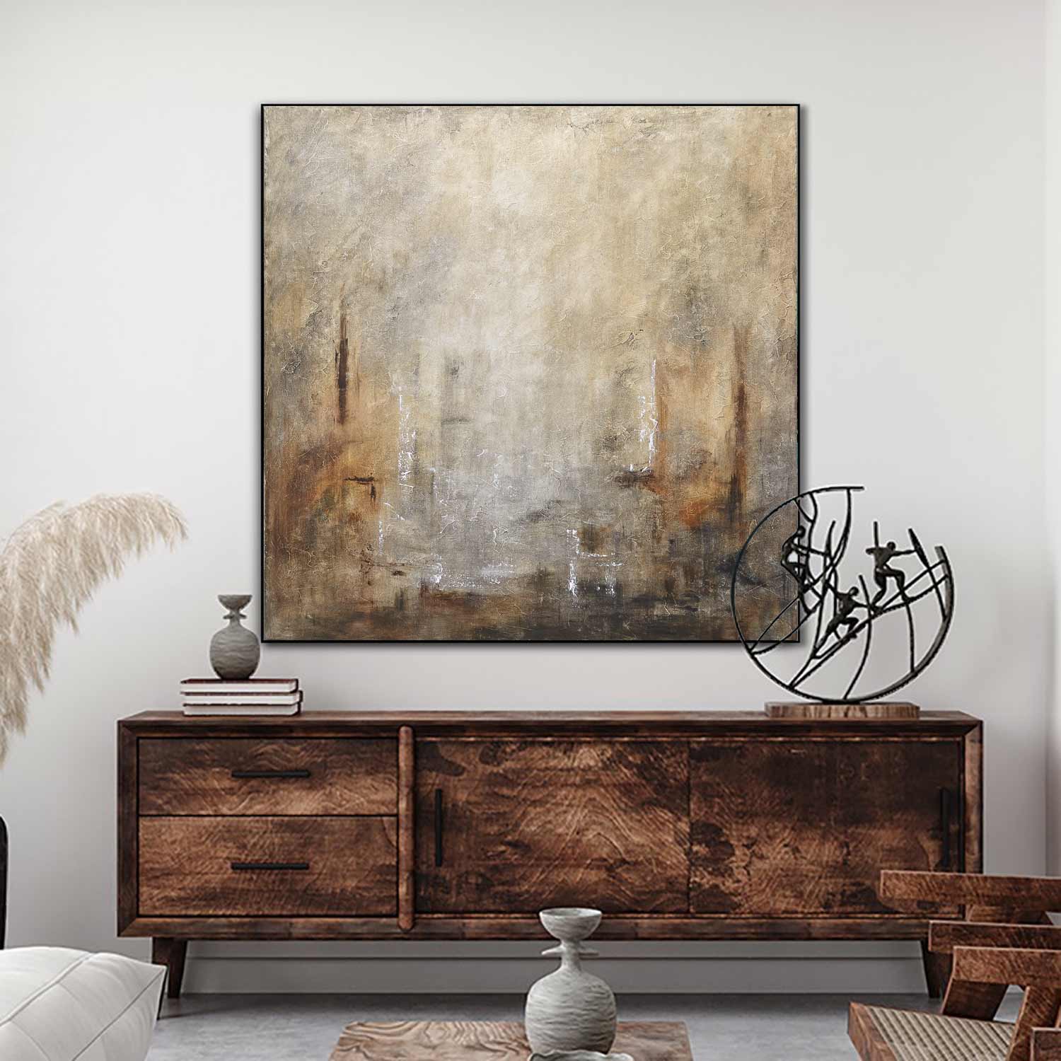 46 x 46 Framed Abstract Hand Painted Cozy Brown Sienna Painting Decor