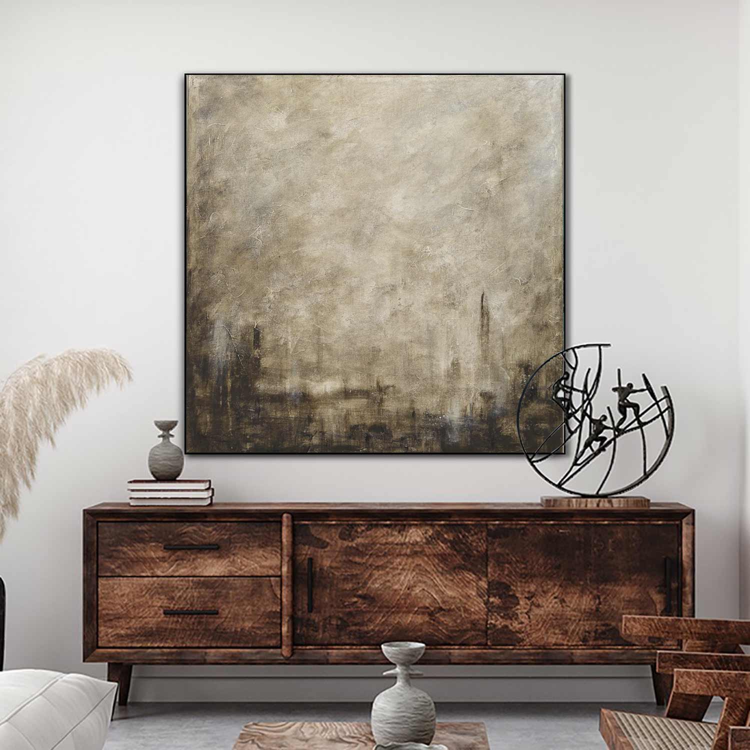 Square Textured Brown Beige Framed Abstract Painting Room Decor