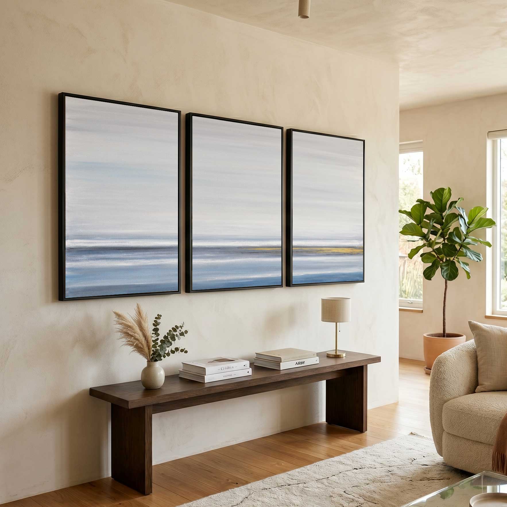 Blue Minimal Triptych Framed Landscape Wall Art Office Space