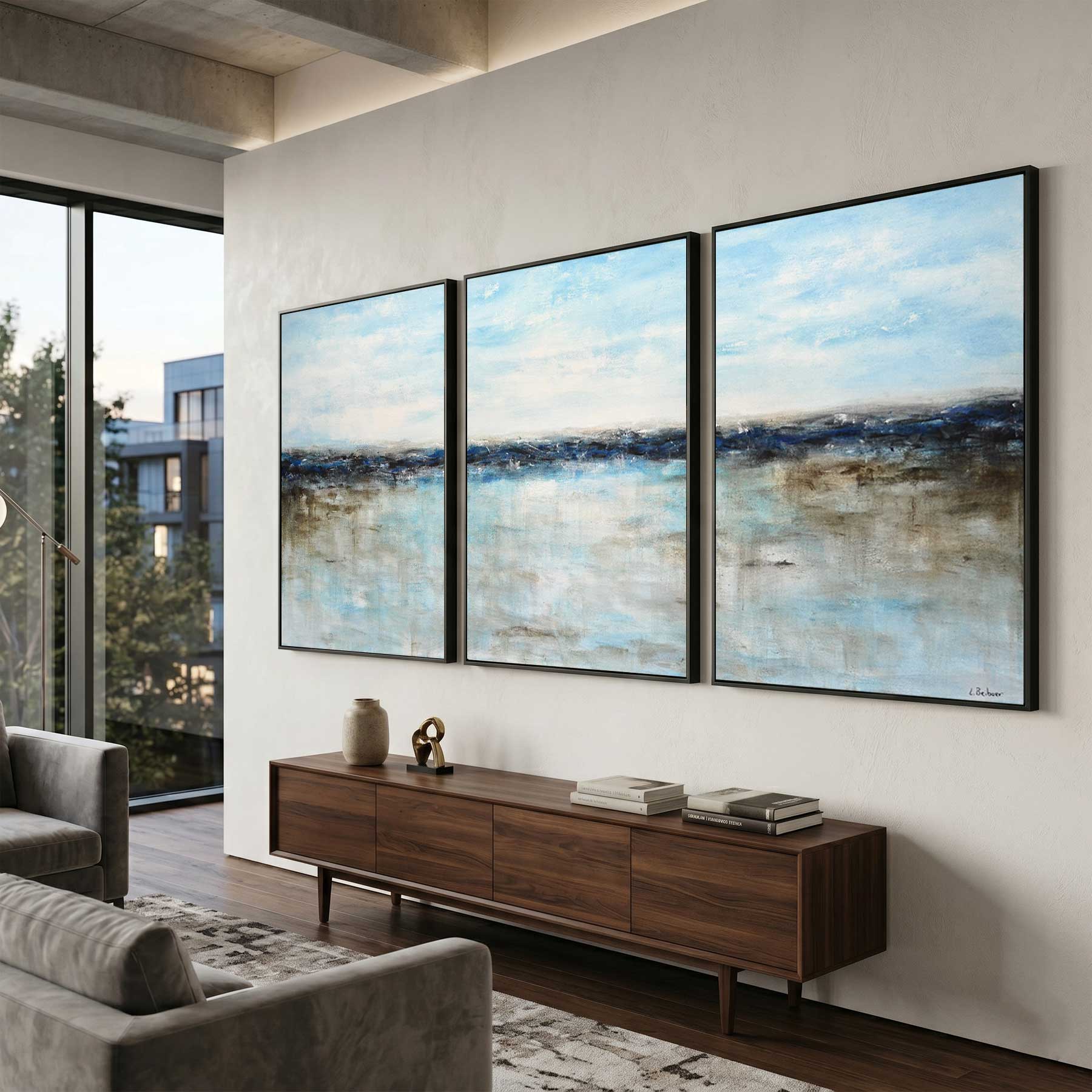 Blue Seascape Paintings Set Of 3 Oversized Modern Art On Canvas