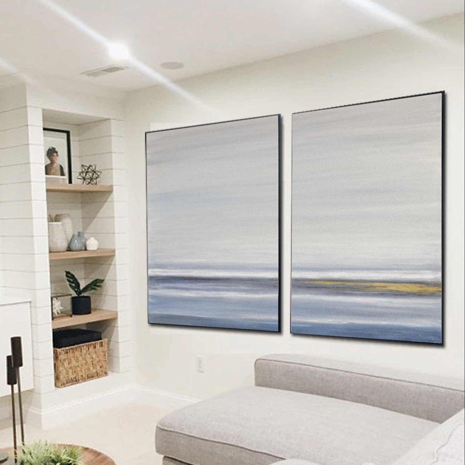 Blue Set Of Two Paintings Gold Marine Waterscape Canvas Art