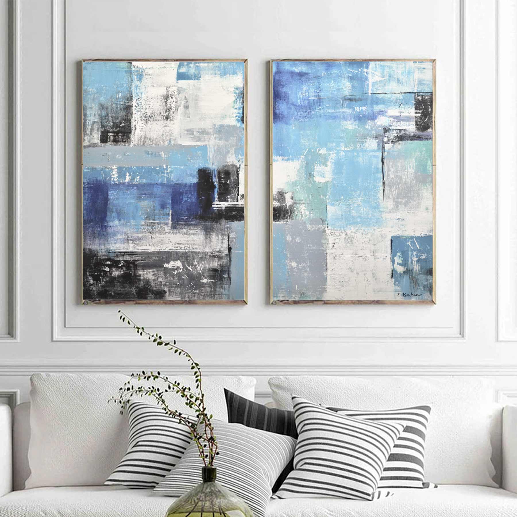 Geometric Paintings Two Panel Blue Abstracts Color Field