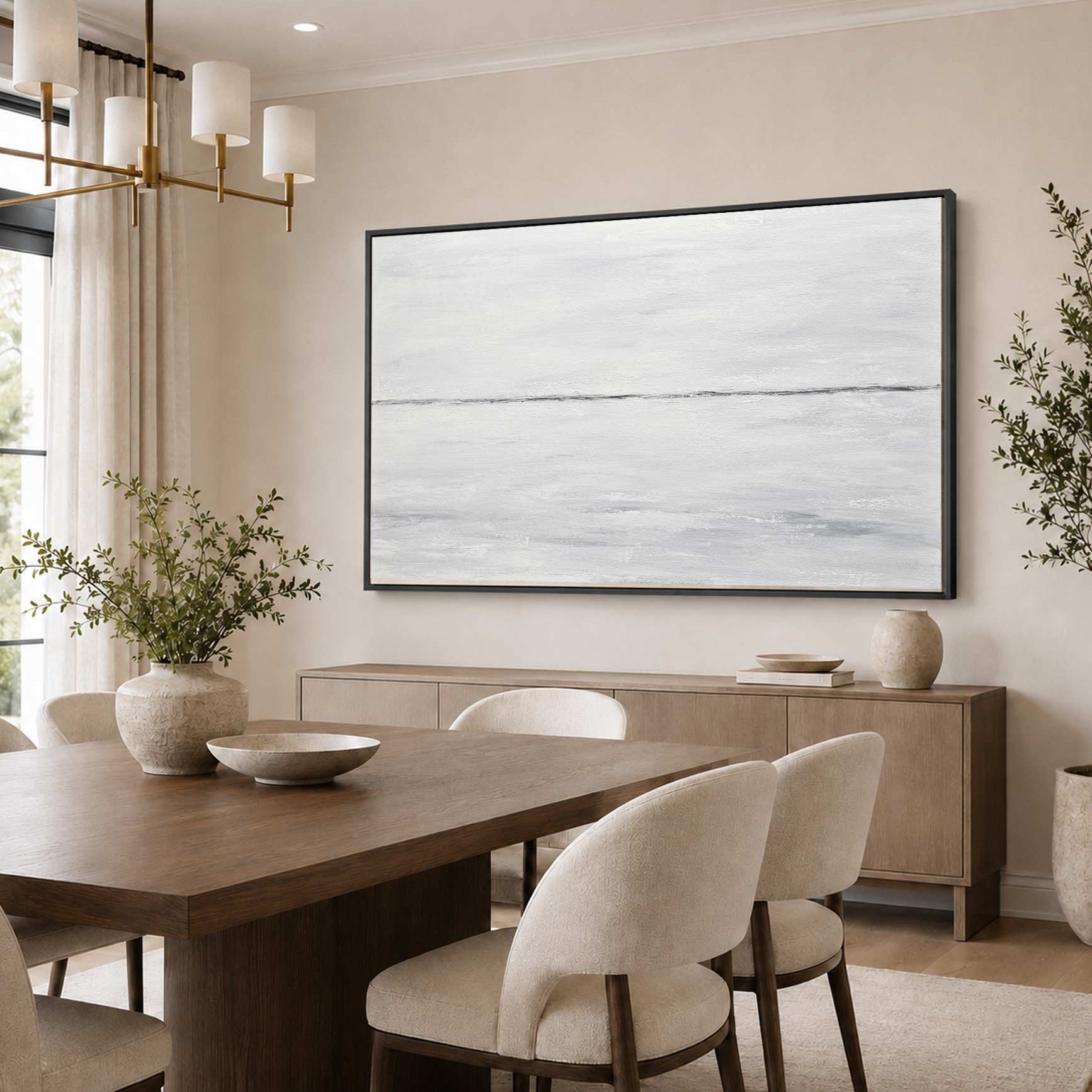 Hand Painted Original Clean Minimal Gray White Wall Art On Canvas for dining room