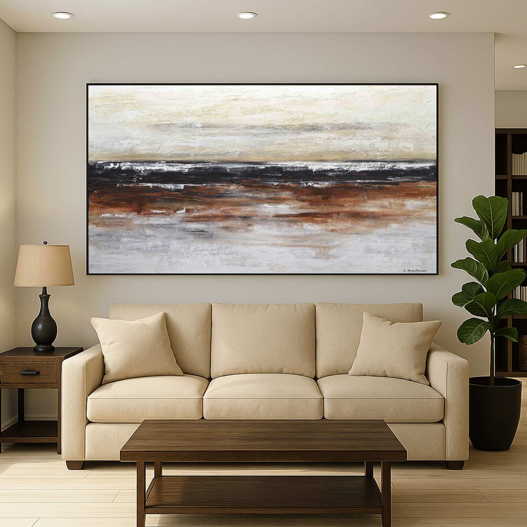 Landscape Painting Black Band Line Abstract Wall Art Panoramic