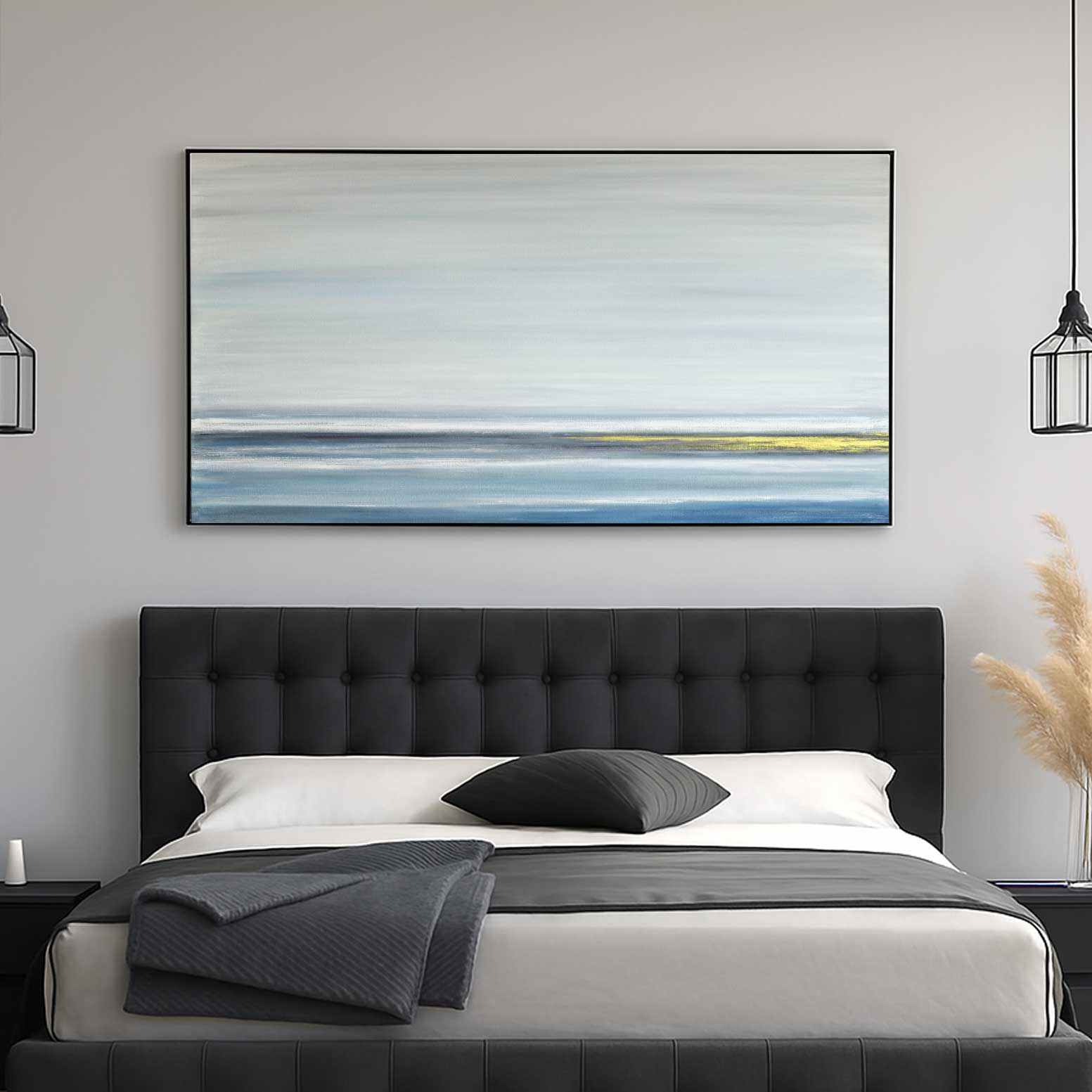 Large Blue Gold Painting Above Sofa Framed Art Long Minimal for bedroom