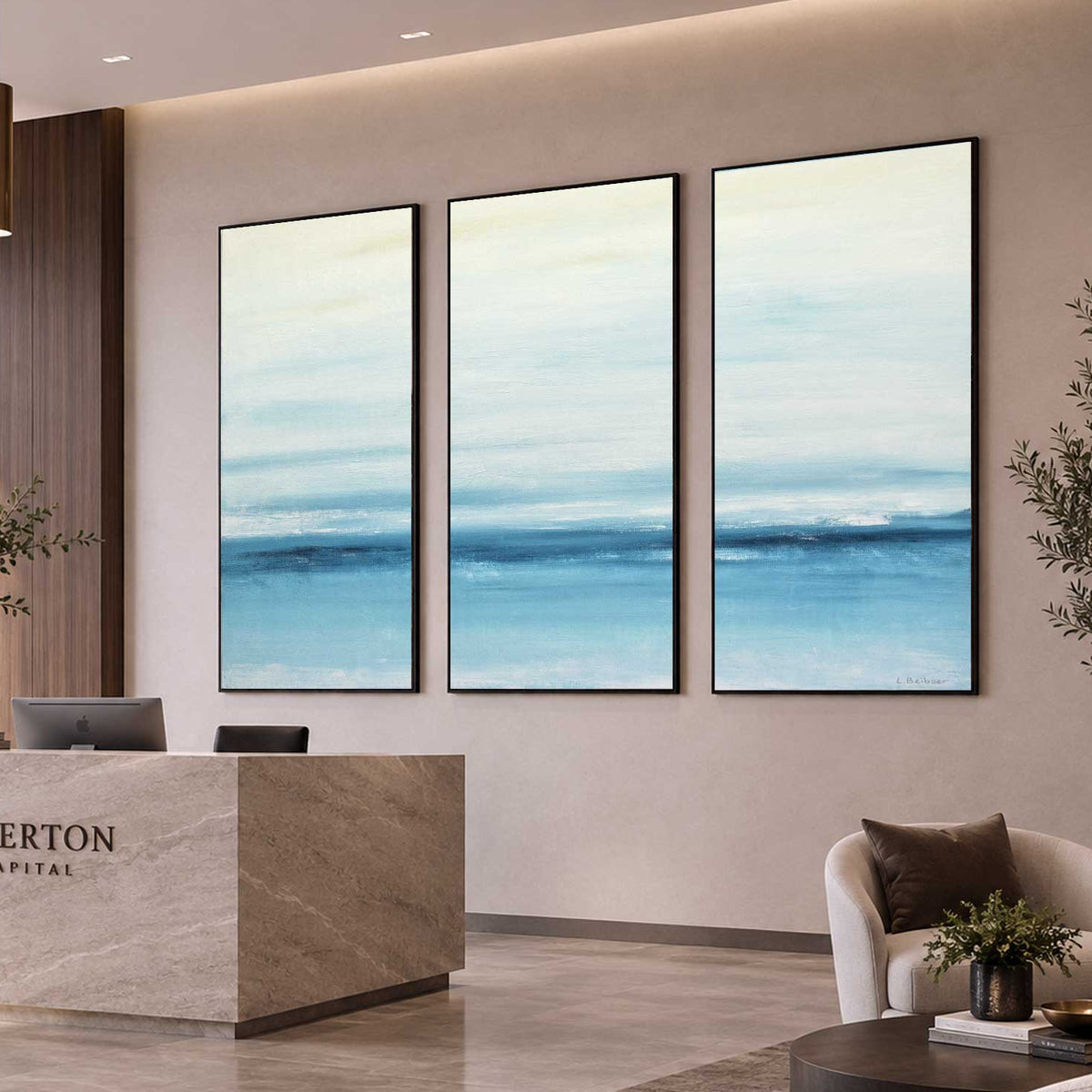 Light Blue Minimal Landscape Triptych Framed Artwork Modern Art