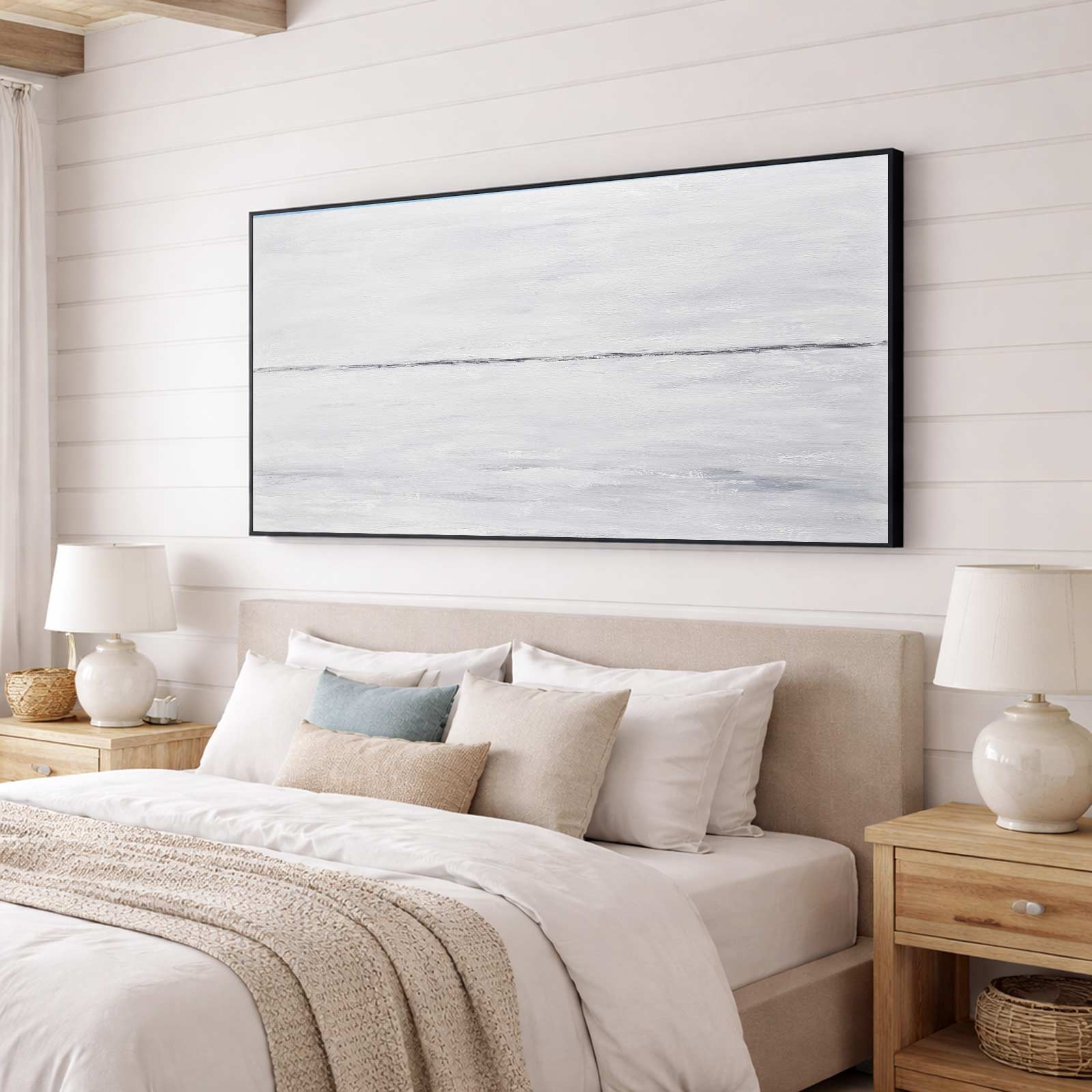 Light Minimal Panoramic Original Painting White Gray Framed Art