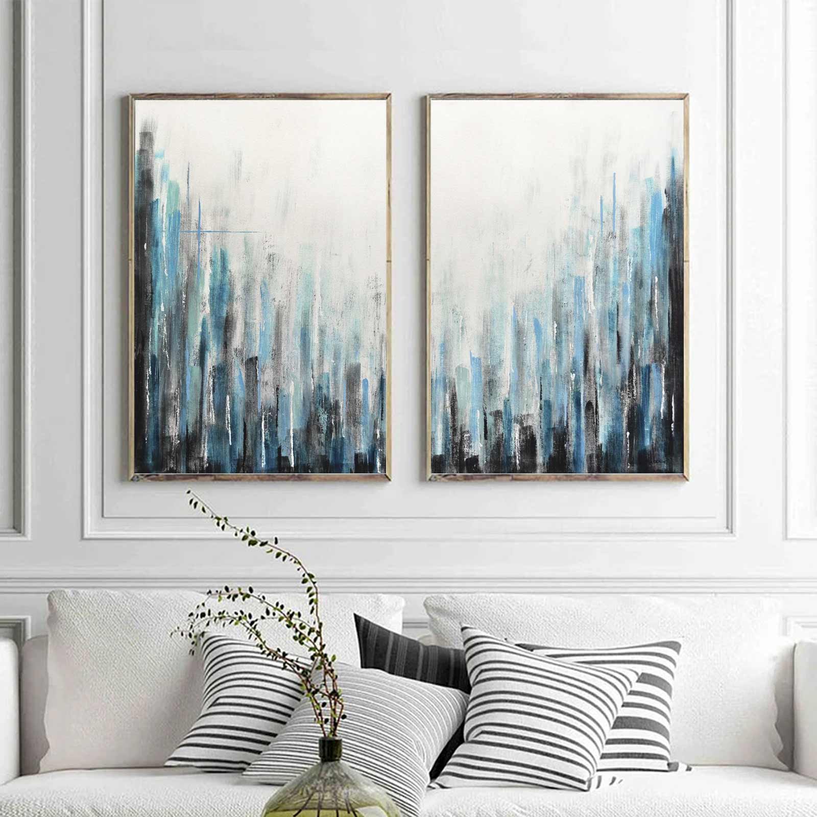 Line Art Painting Blue Stripes Two Panel On Canvas