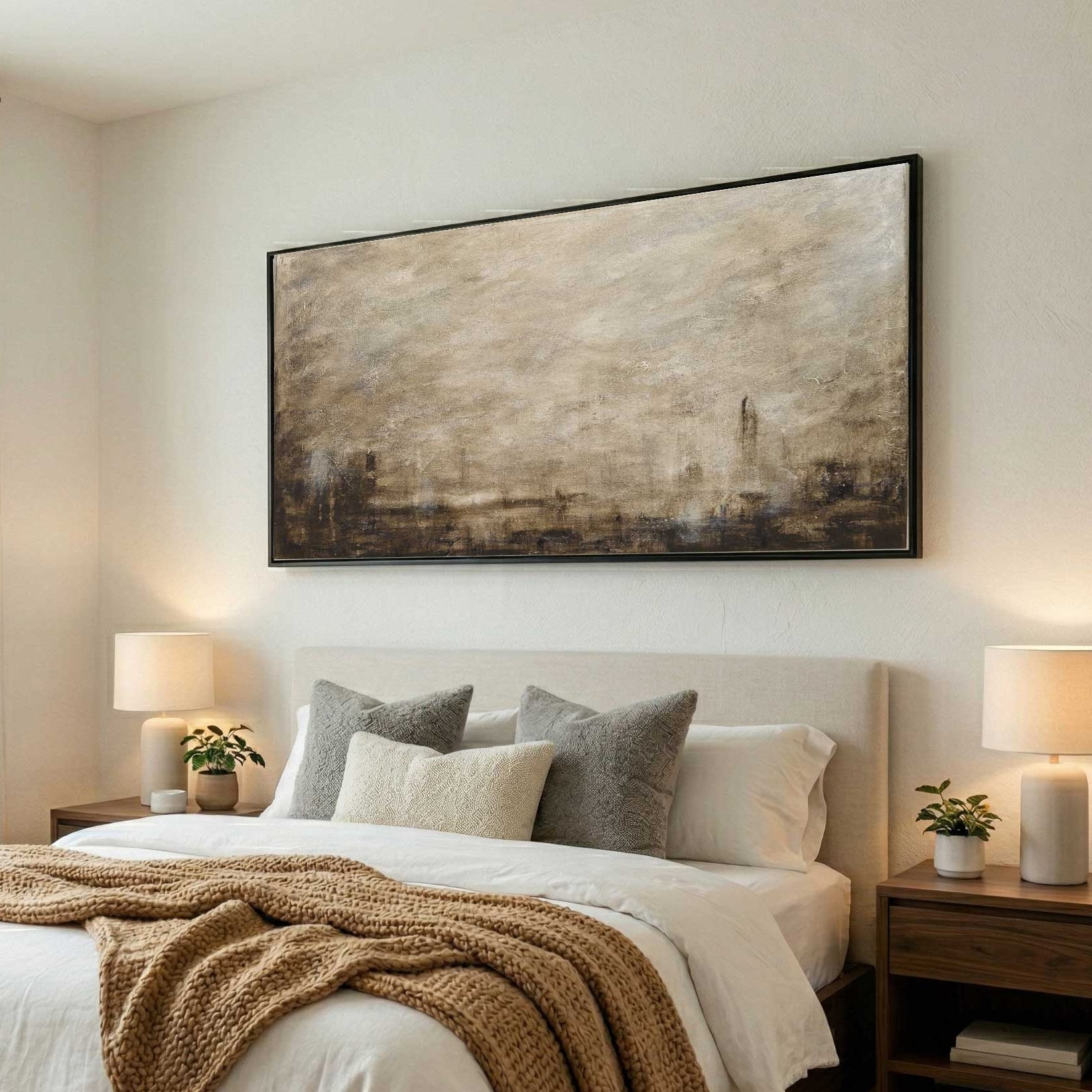 Long Wide Brown Painting Above Bed Calming Wall Art Decor
