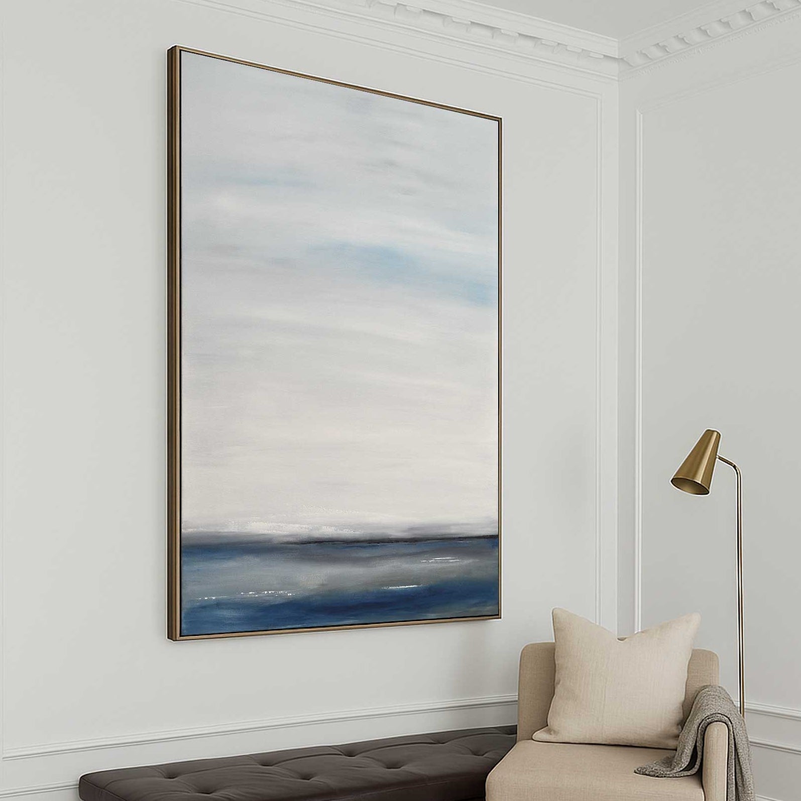Ocean Scene Minimal Painting Large Oil On Vertical Canvas above sofa