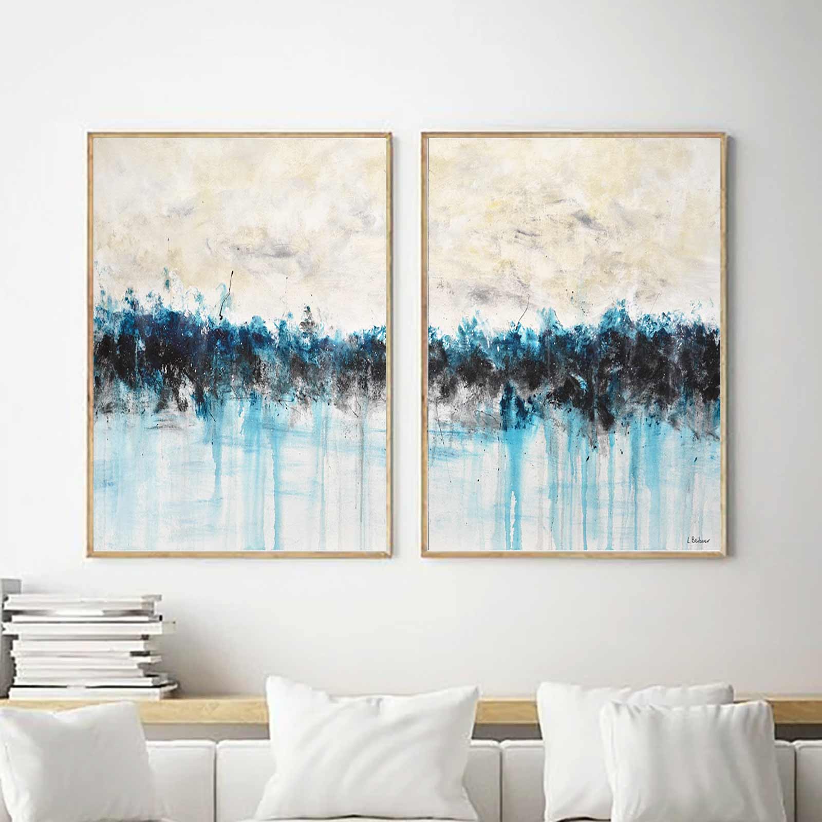 Office Wall Art Set Of 2 Abstract Paintings Blue Suede Drips