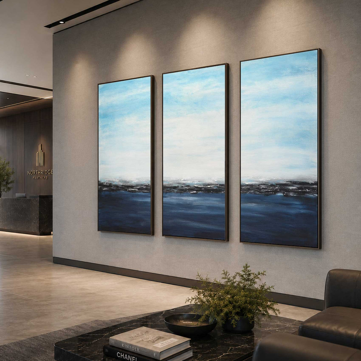 Original Paintings On Canvas Blue Moody 3 Panel Art For Large Walls