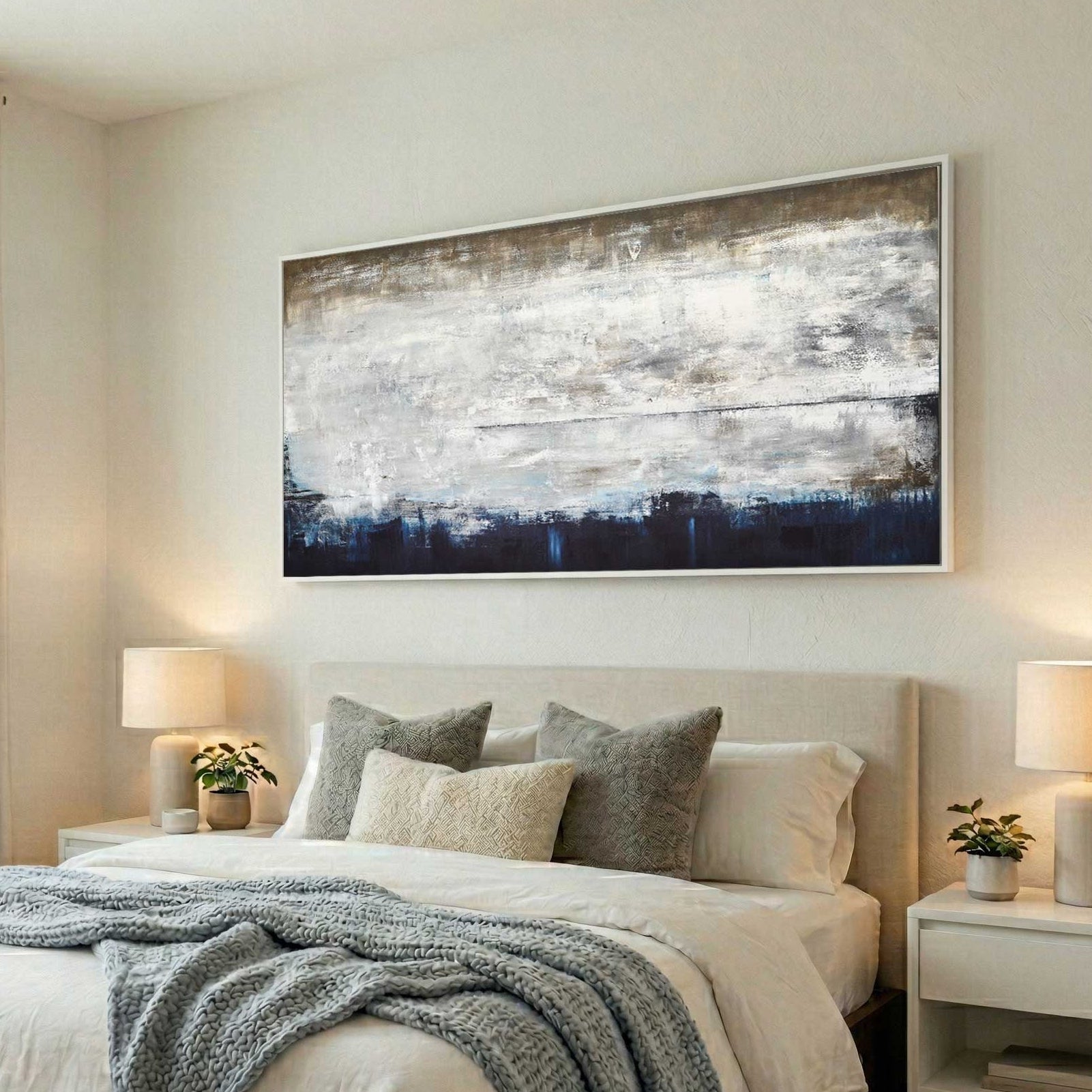 Panoramic Wide Brown Blue Painting Handmade Art On Canvas