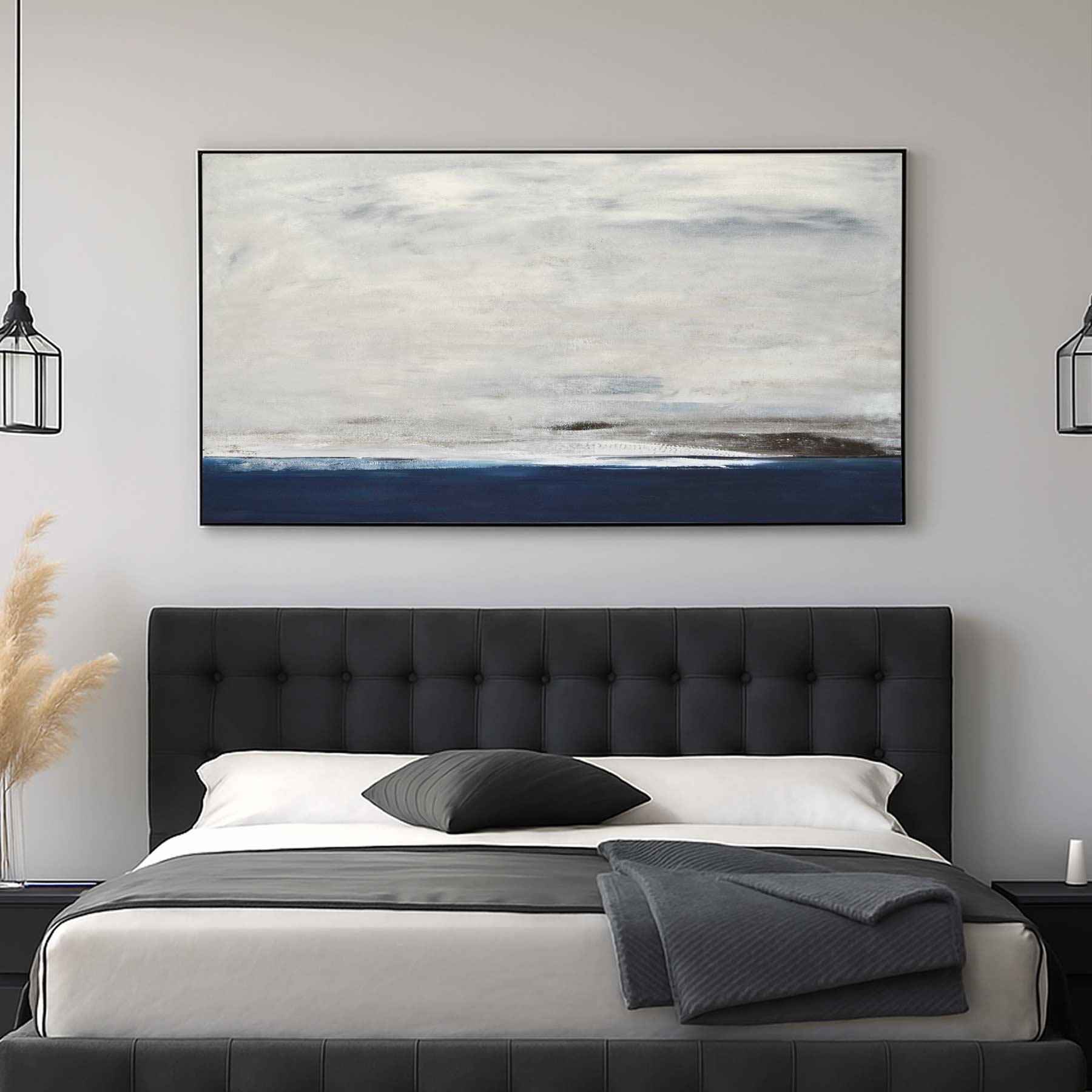 Seascape Scene Large Painting Blue Gray Long Artwork