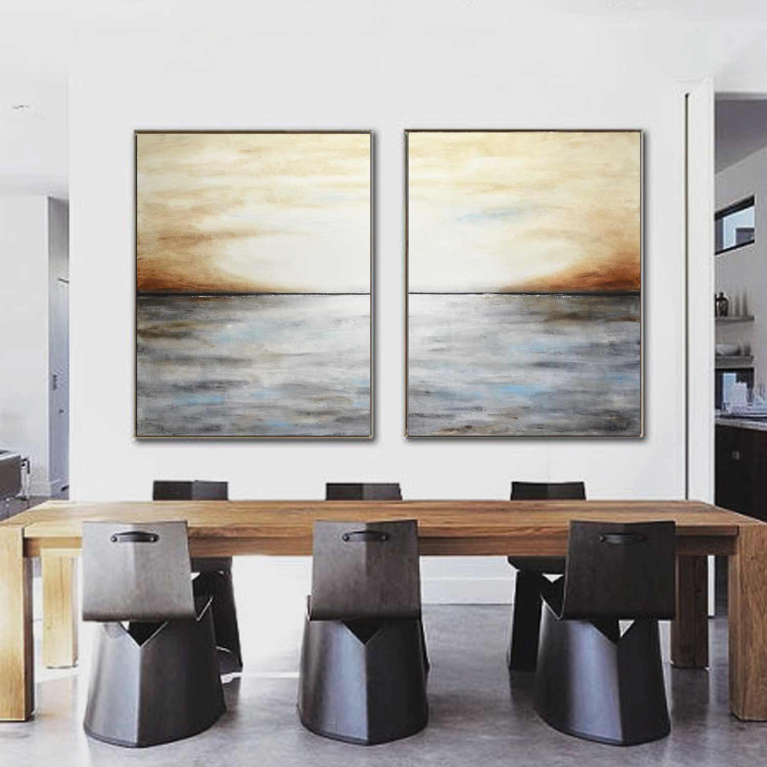 Seashore Abstract Pair Of Paintings Dining Room Brown Gray