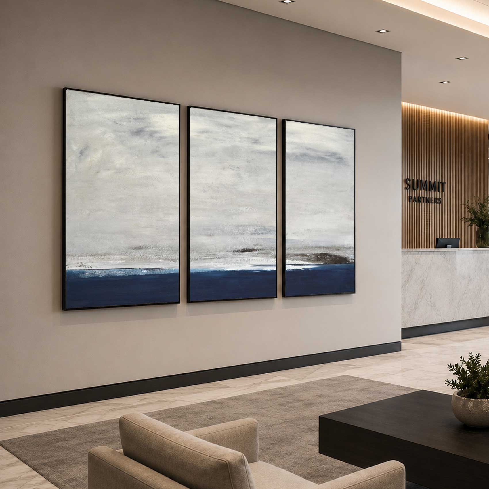 Set of 3 Modern Paintings For Office Lobby Blue Gray Brown Wall Art