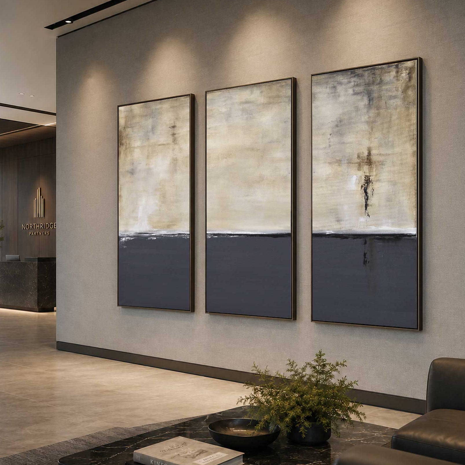 Set of Three Paintings For Office Framed Triptych Art Gray Beige
