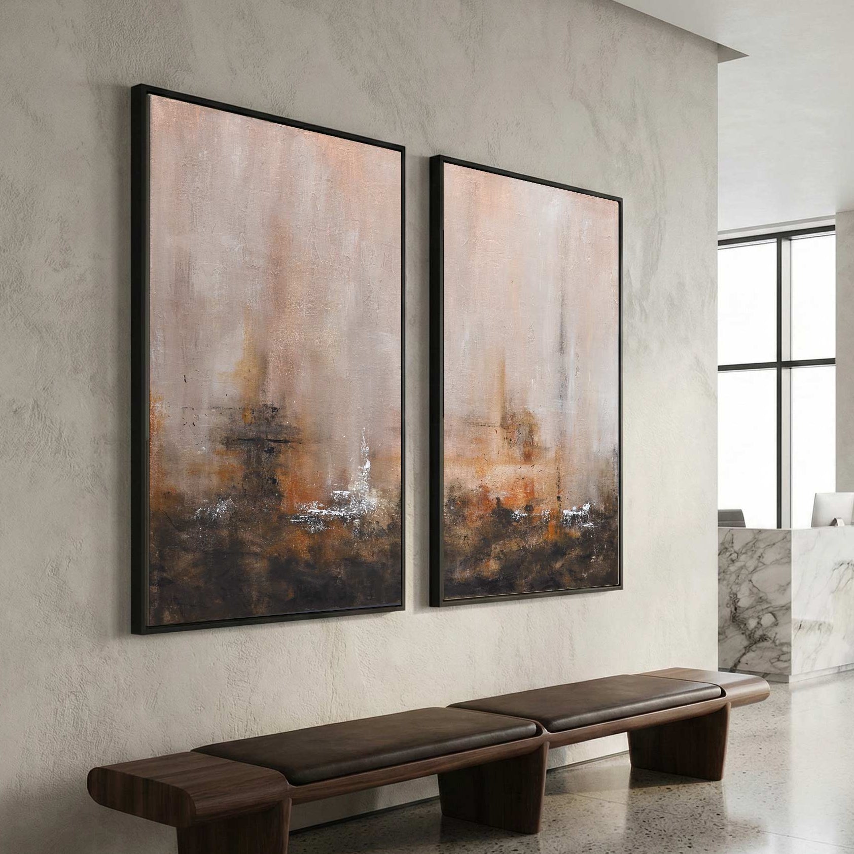 Two Piece Abstract Art Earth Tones Multi Panel Brown Siena Painting
